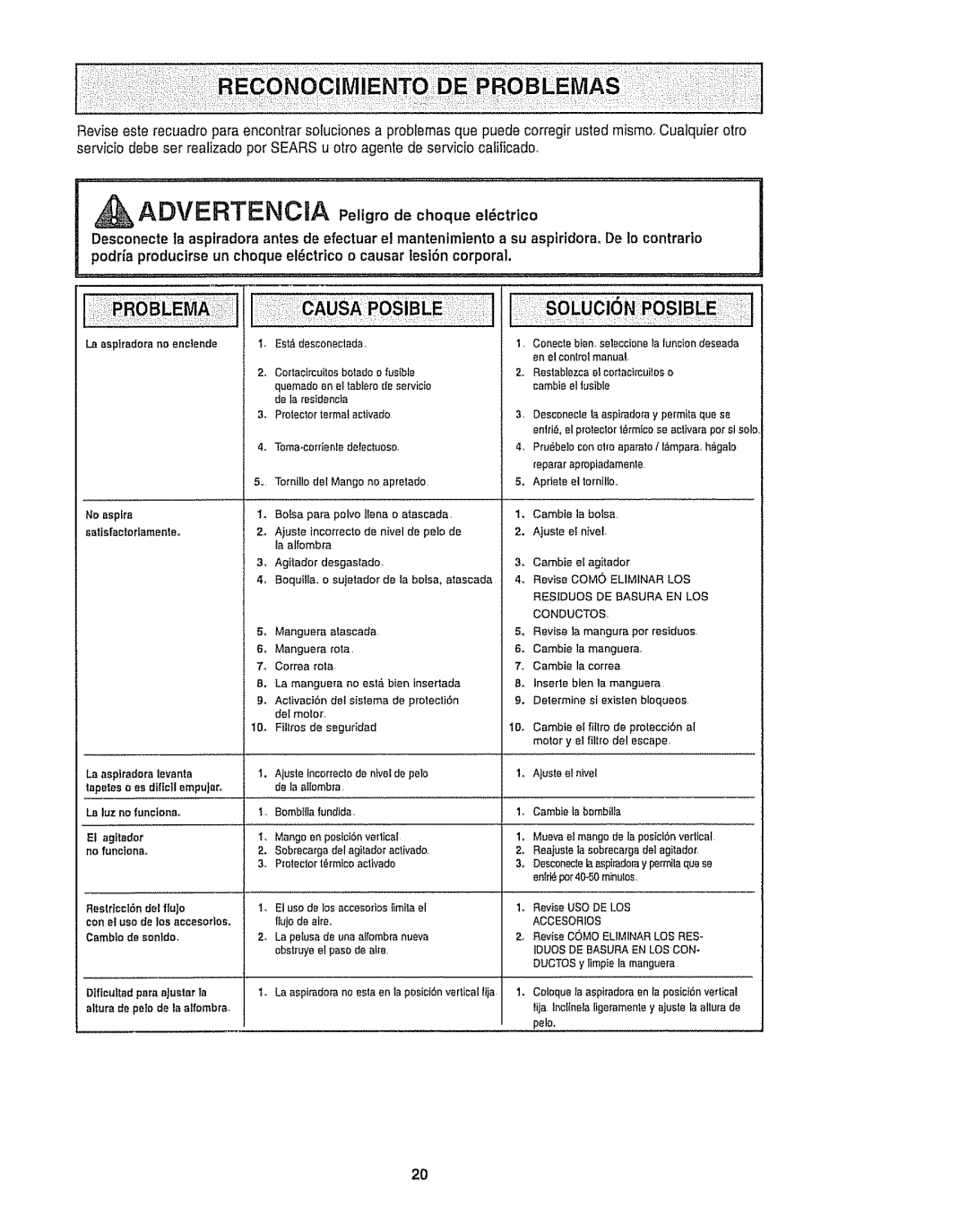 Kenmore 116.35922, 116.35923 owner manual Advertencra Peligro de choque elctrico 