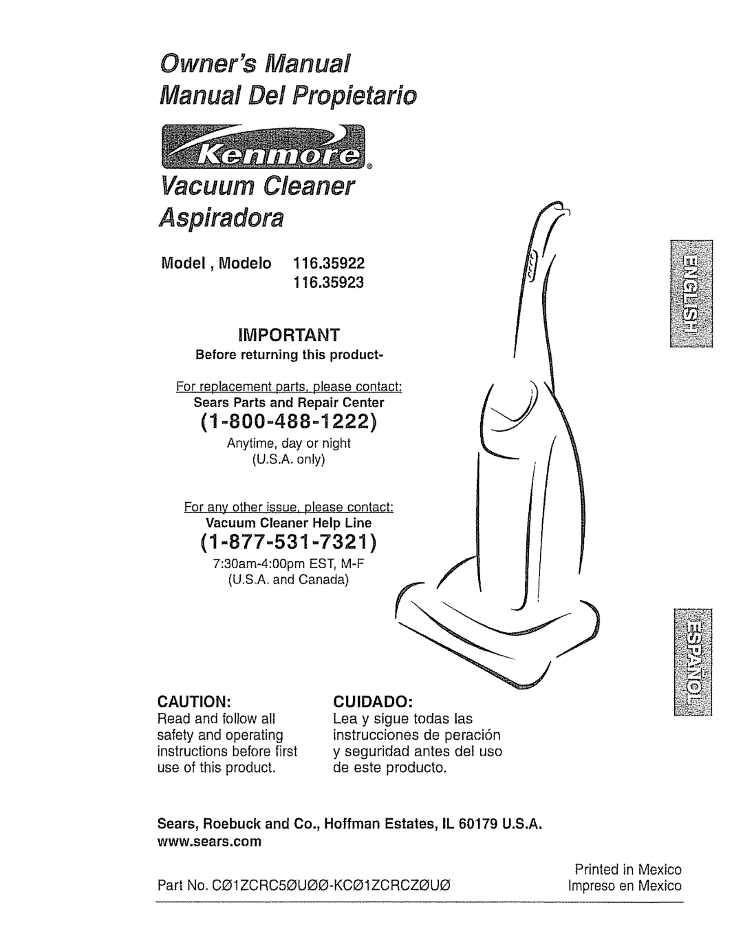 Kenmore 116.35923, 116.35922 owner manual Owners Manual Manual Del Propietarie, Vacuum Cleaner Aspiradora, 1 =800-488-1222 