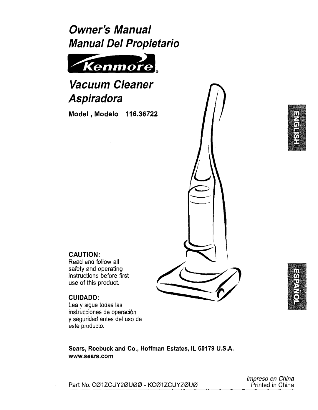 Kenmore 116.36722 owner manual Vacuum Cleaner Aspiradora 