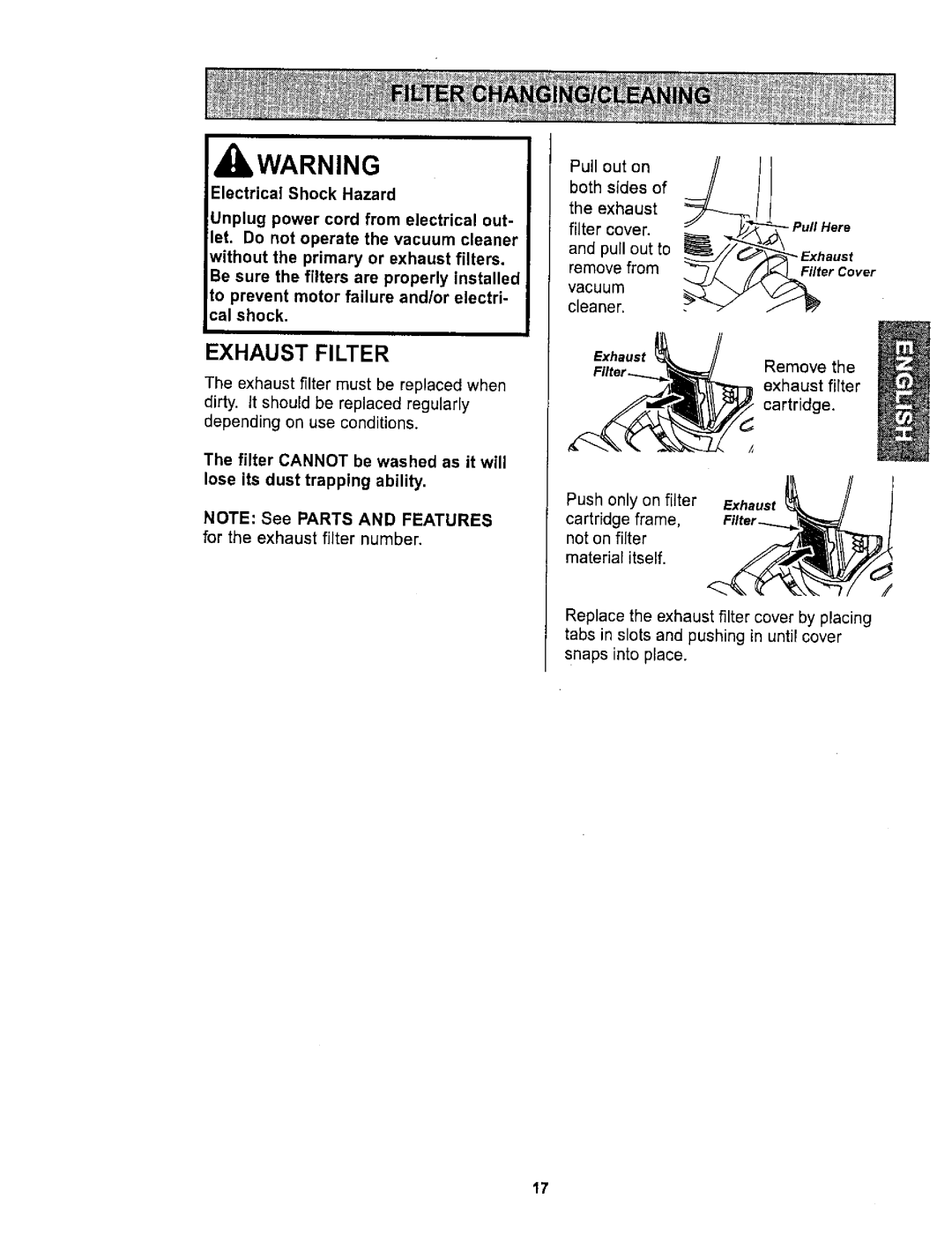 Kenmore 116.36722 owner manual IbWARNING, Exhaust Filter, Electrical Shock Hazard 