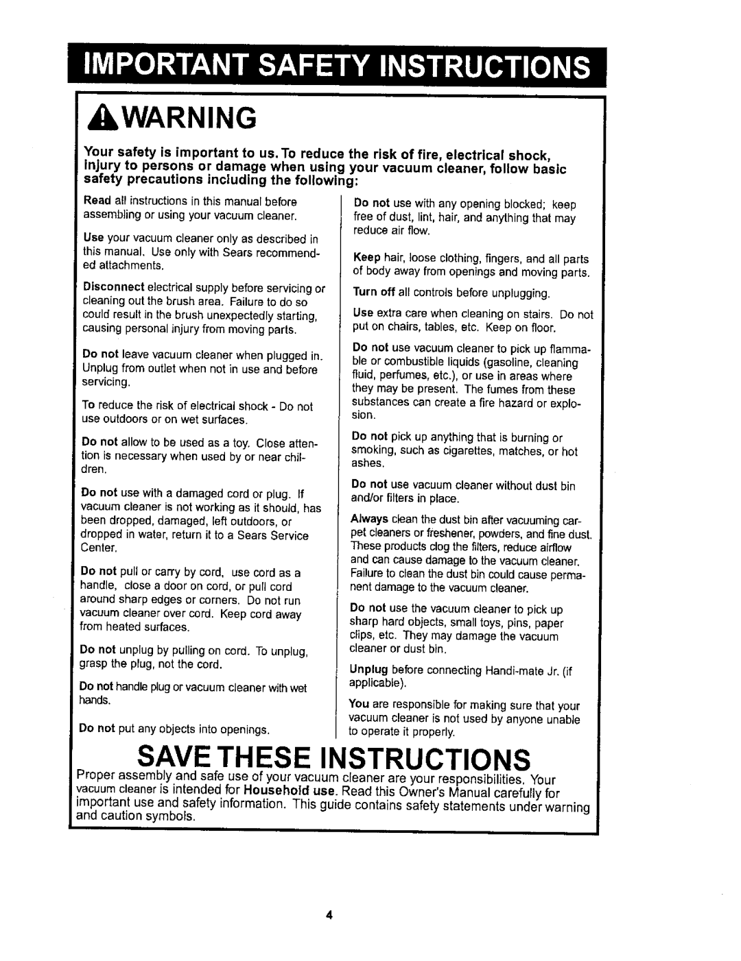 Kenmore 116.36722 owner manual kWARNING, Save These Instructions, applicable 