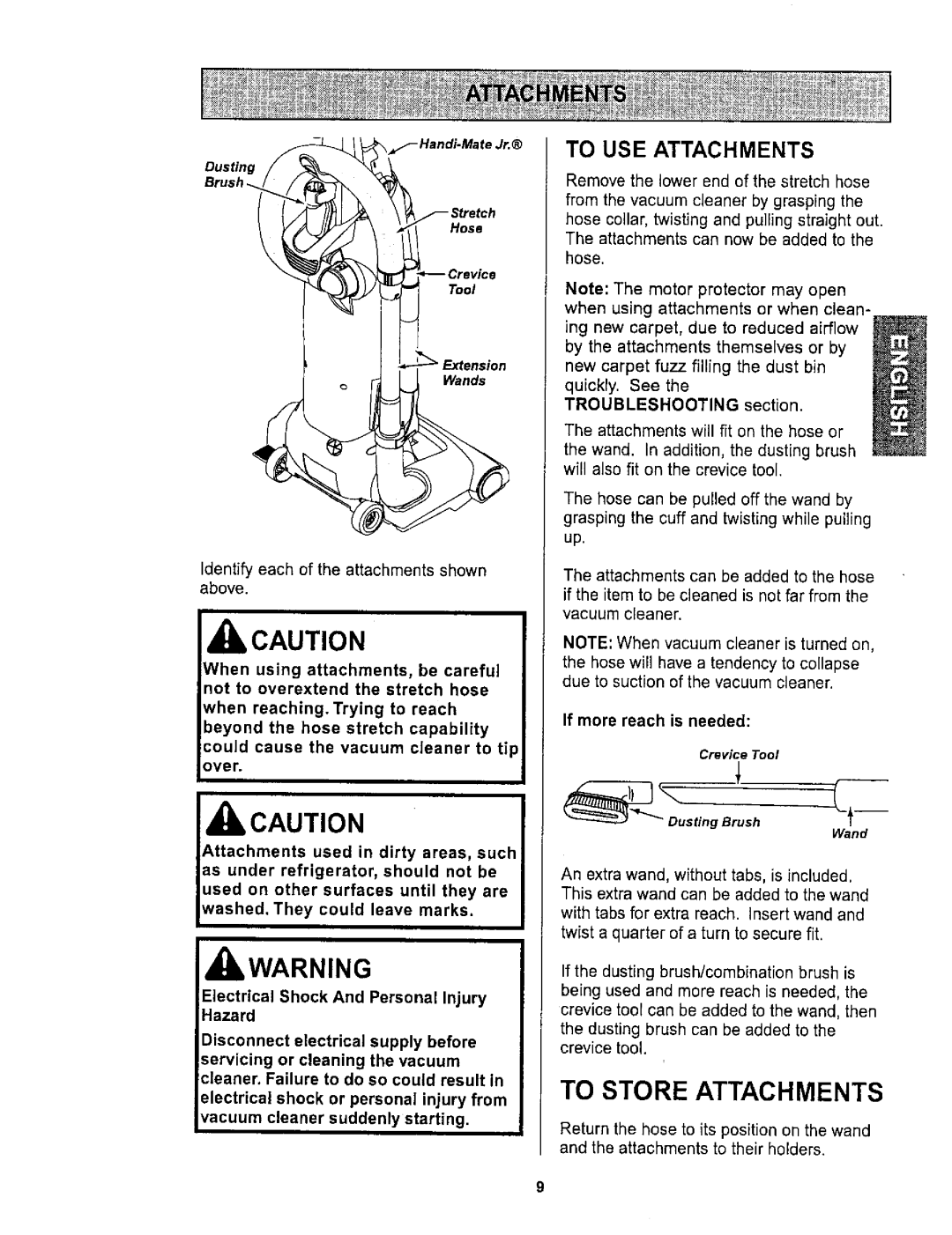 Kenmore 116.36722 IbCAUTION, To Store Attachments, To Use Attachments, could cause the vacuum cleaner to tip over 