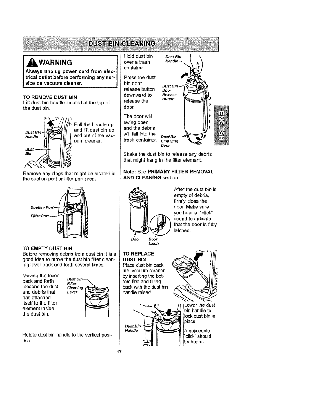 Kenmore 116.36933, 116.36932 To Remove Dust BIN, Lift dust bin handle located at the top Dust bin, To Empty Dust BIN 