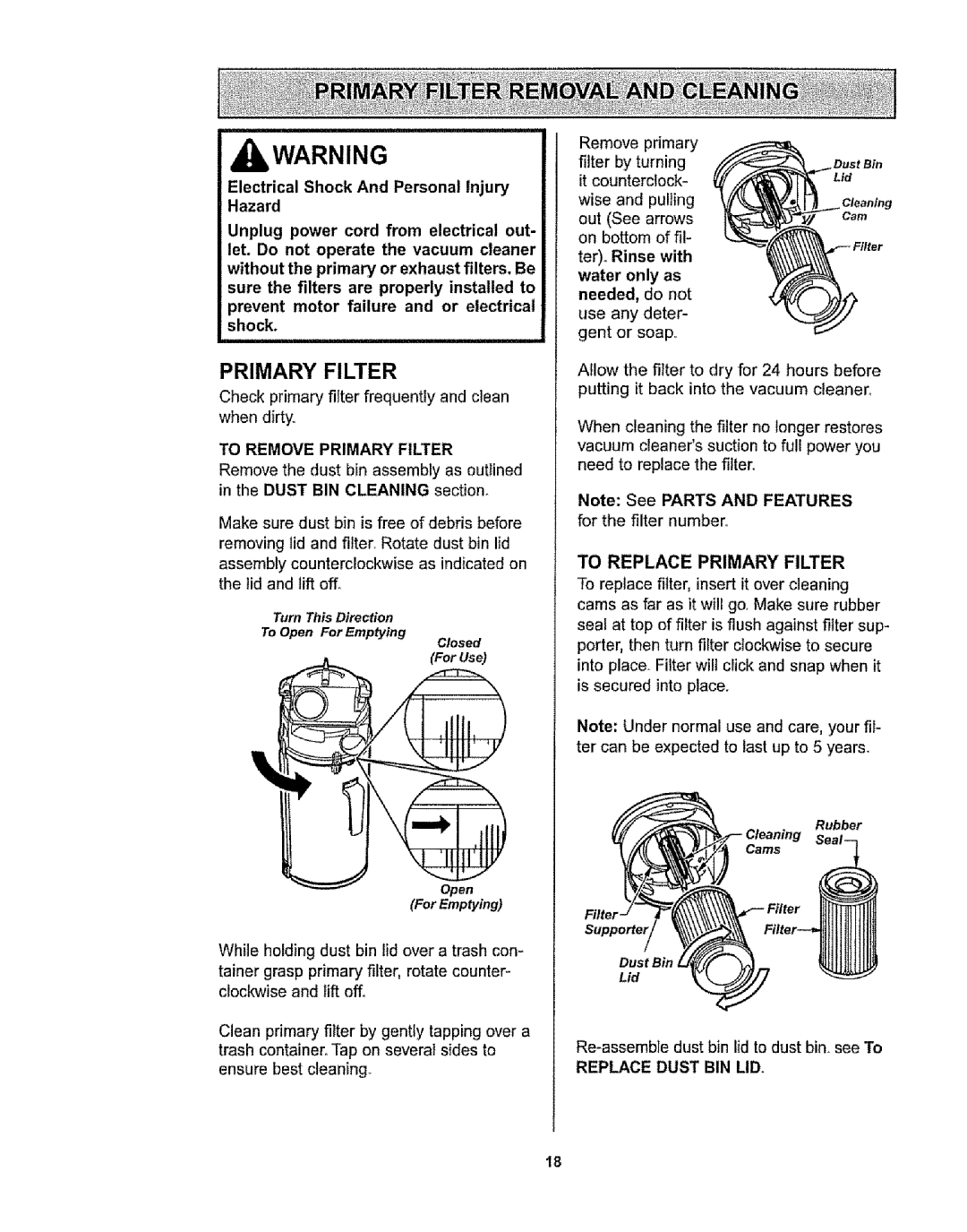 Kenmore 116.36932, 116.36933 owner manual To Replace Primary Filter, Replace Dust BIN LID 