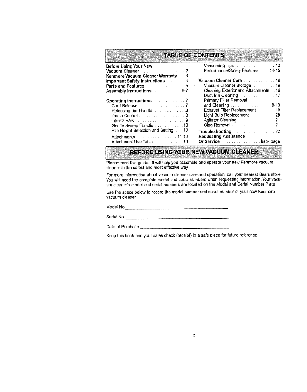 Kenmore 116.36932 Before Using Your New, KenmoreVacuum CleanerWarranty, Safety Instructions Parts and Features 