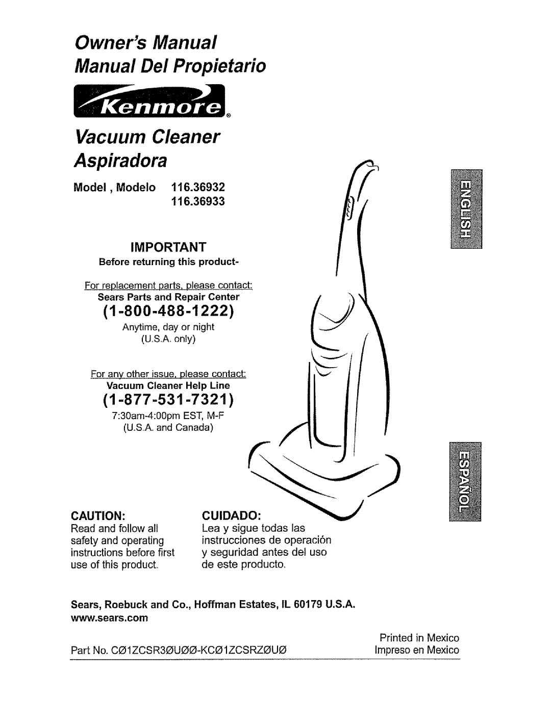 Kenmore 116.36933 owner manual 1=800-488-1222, Model, Modelo, Before returning this product, Sears Parts and Repair Center 