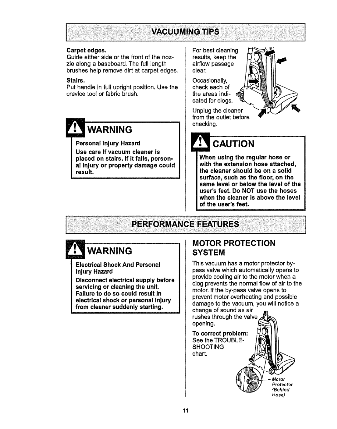 Kenmore 116.38412 owner manual Motor Protection, Guide either side or the front of the noz, To correct problem 