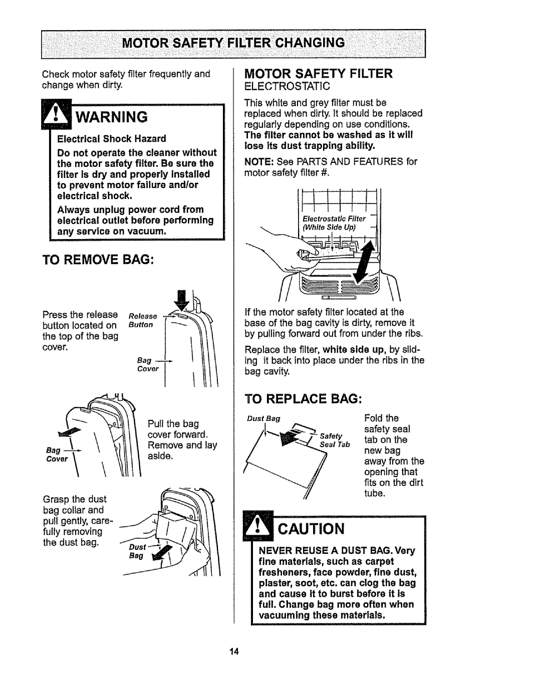 Kenmore 116.38412 owner manual Motor Safety Filter, Check motor safety filter frequently and change when dirty 