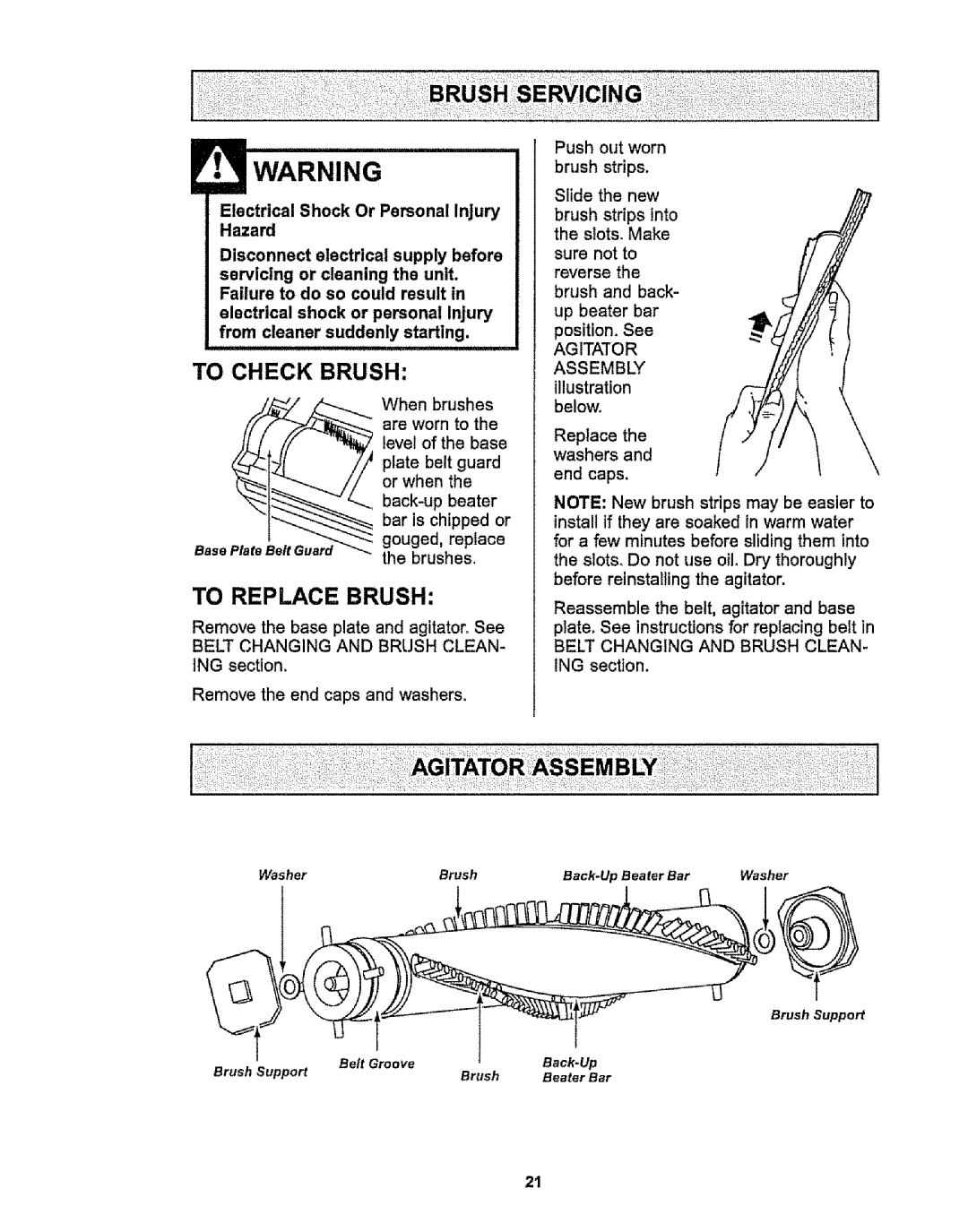 Kenmore 116.38412 To Check Brush, Electrical Shock Or Personal Injury Hazard, Remove the base plate and agitatorSee 