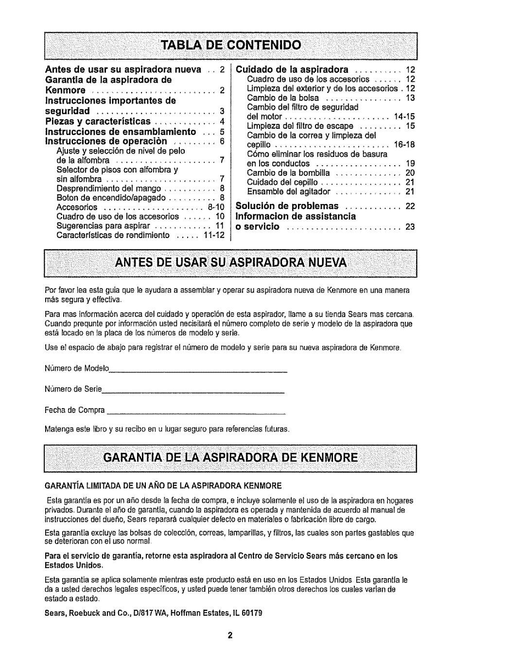 Kenmore 116.38412 Lnstrucciones importantes de, Cuidado La aspiradora, Limpieza del exterior y de los accesorios o 