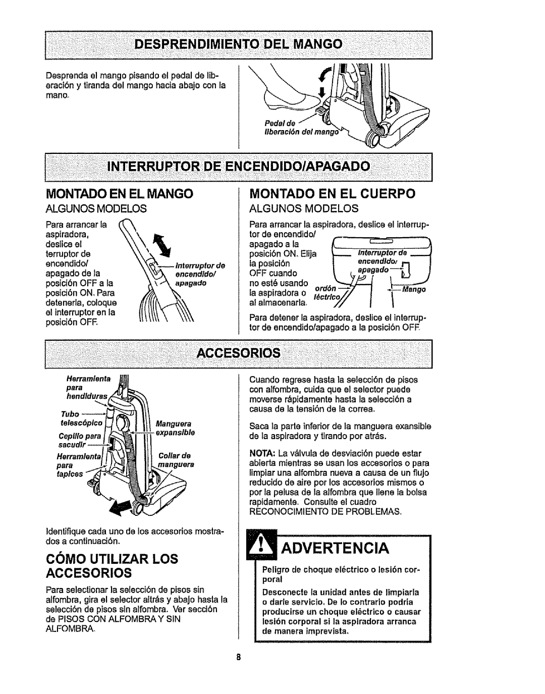 Kenmore 116.38412 owner manual Montado EN EL Mango, Montado EN EL Cuerpo, Apagado d 