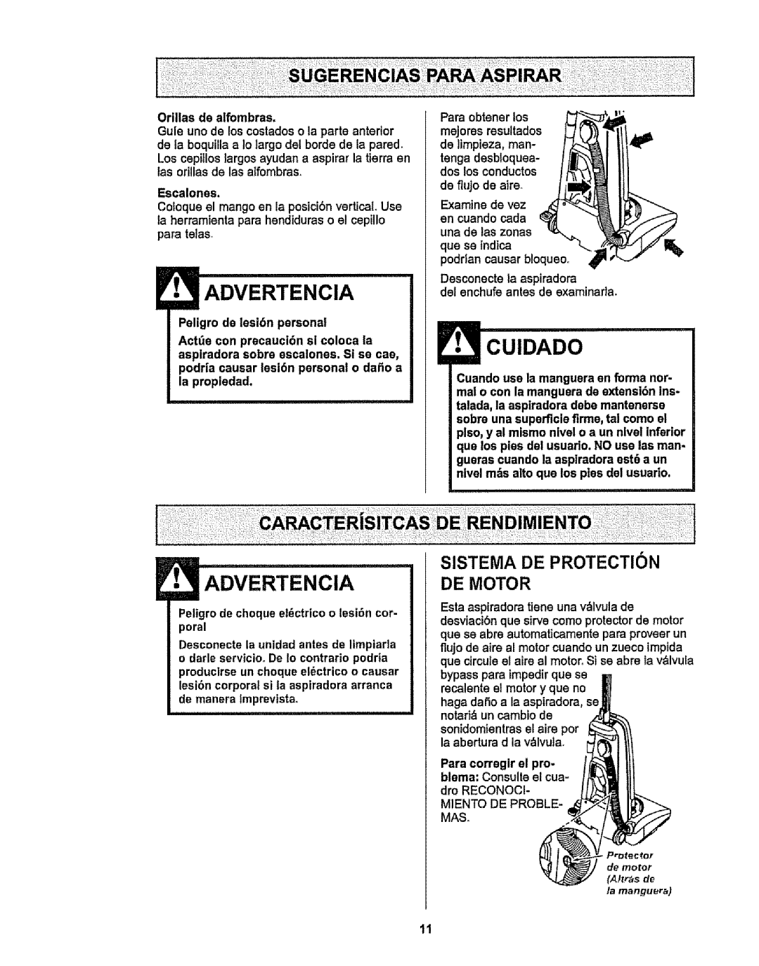 Kenmore 116.38412 owner manual Sistema DE Protection DE Motor, Orillas de alfombras 