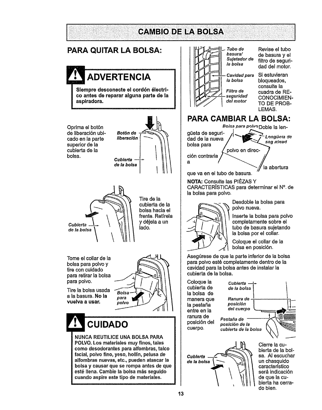 Kenmore 116.38412 owner manual Papa Cambiar LA Bolsa 