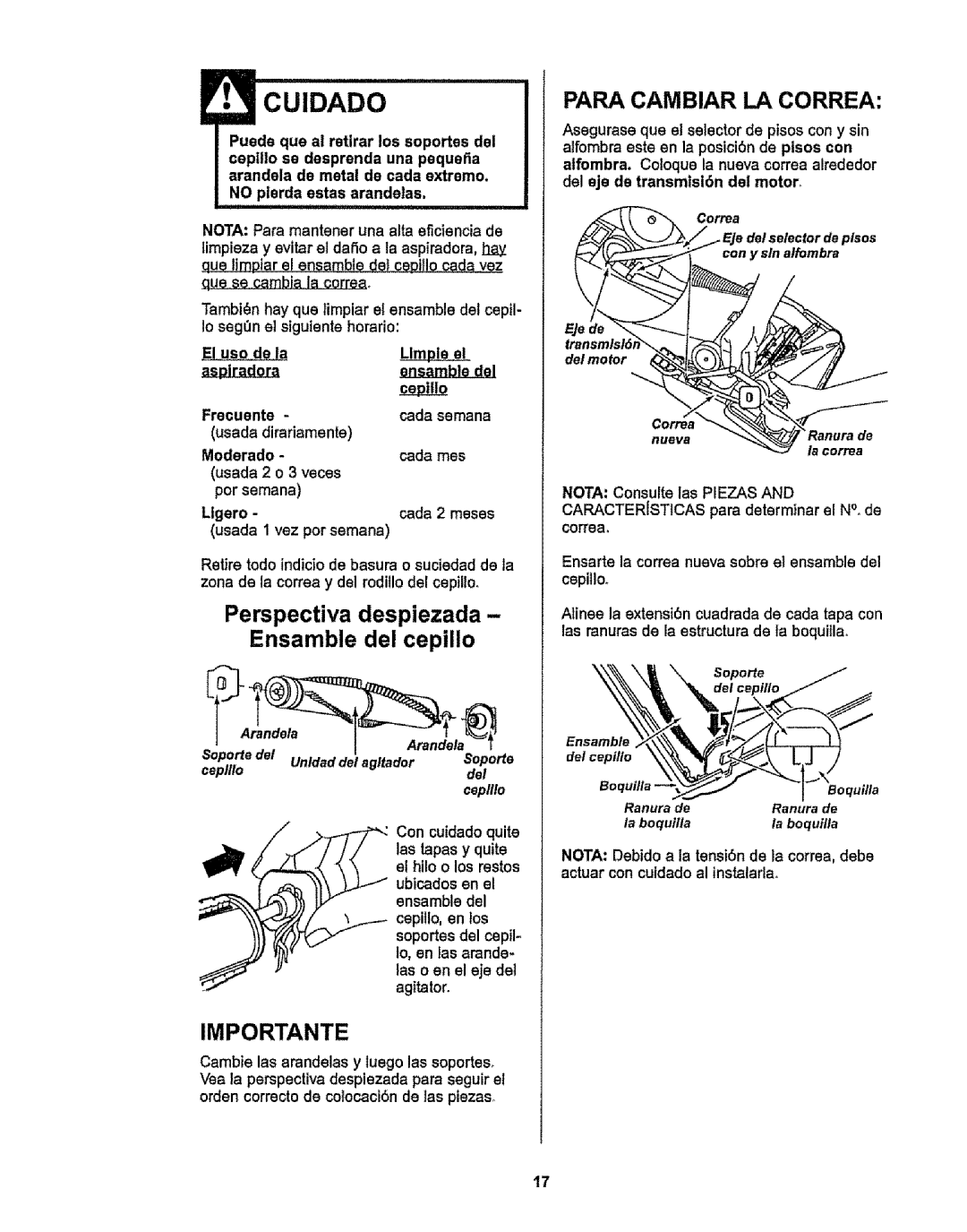 Kenmore 116.38412 owner manual 18, sopoe, Soporte del Ceplllo Unldaddel agltador Soporte del, Ia correa 