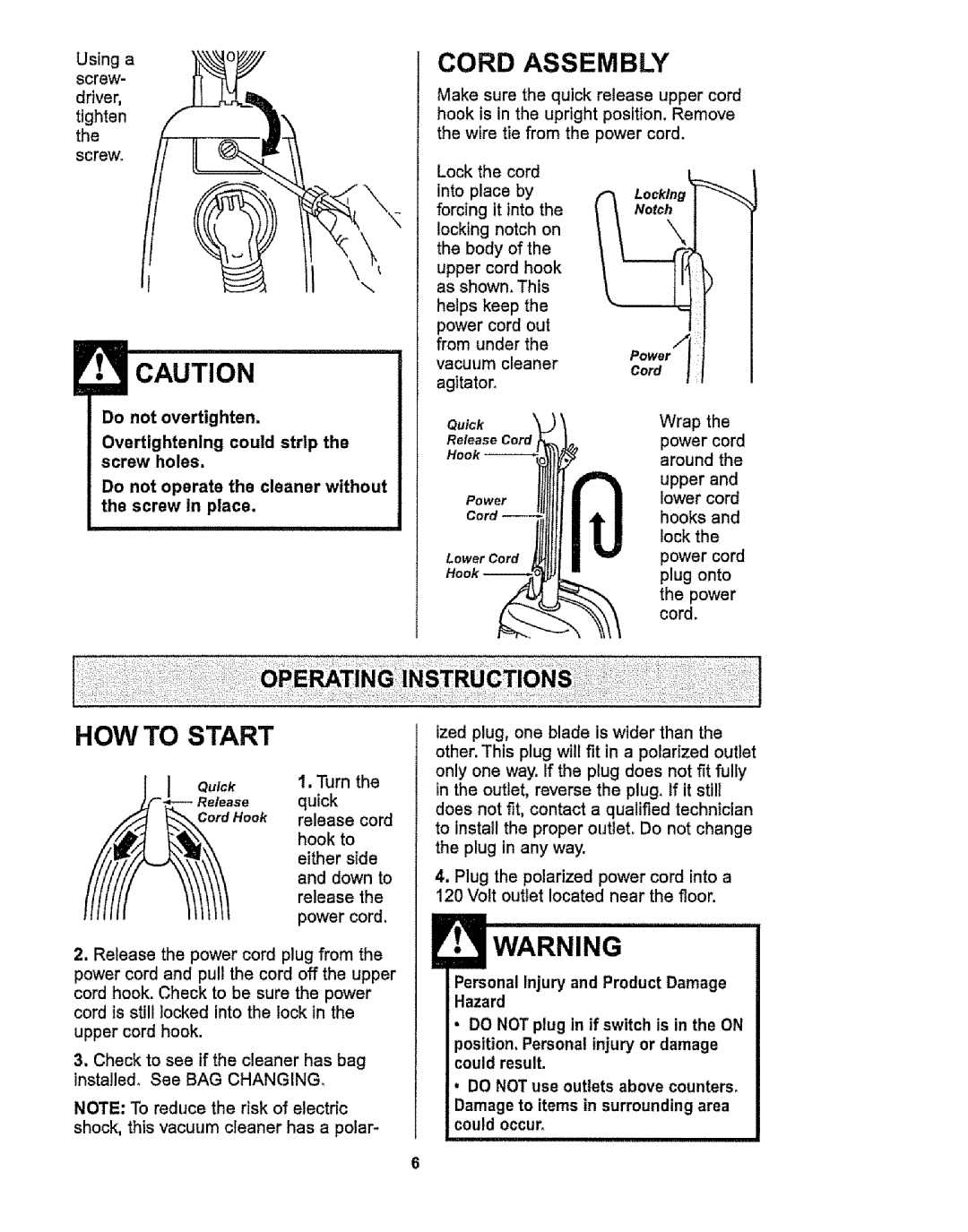 Kenmore 116.38412 owner manual Do not operate the cleaner without the screw in place, Around, Lock, Power cord, Plug onto 