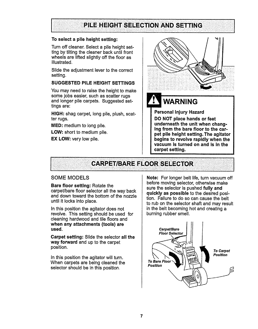 Kenmore 116.38412 owner manual To select a pile height setting 