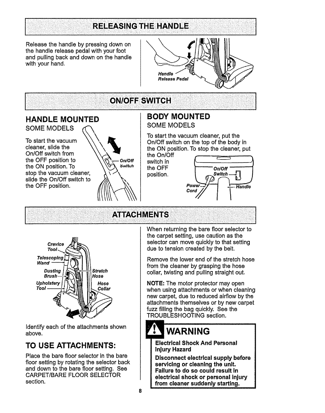 Kenmore 116.38412 owner manual Handle Mounted, To USE Attachments, Body Mounted 