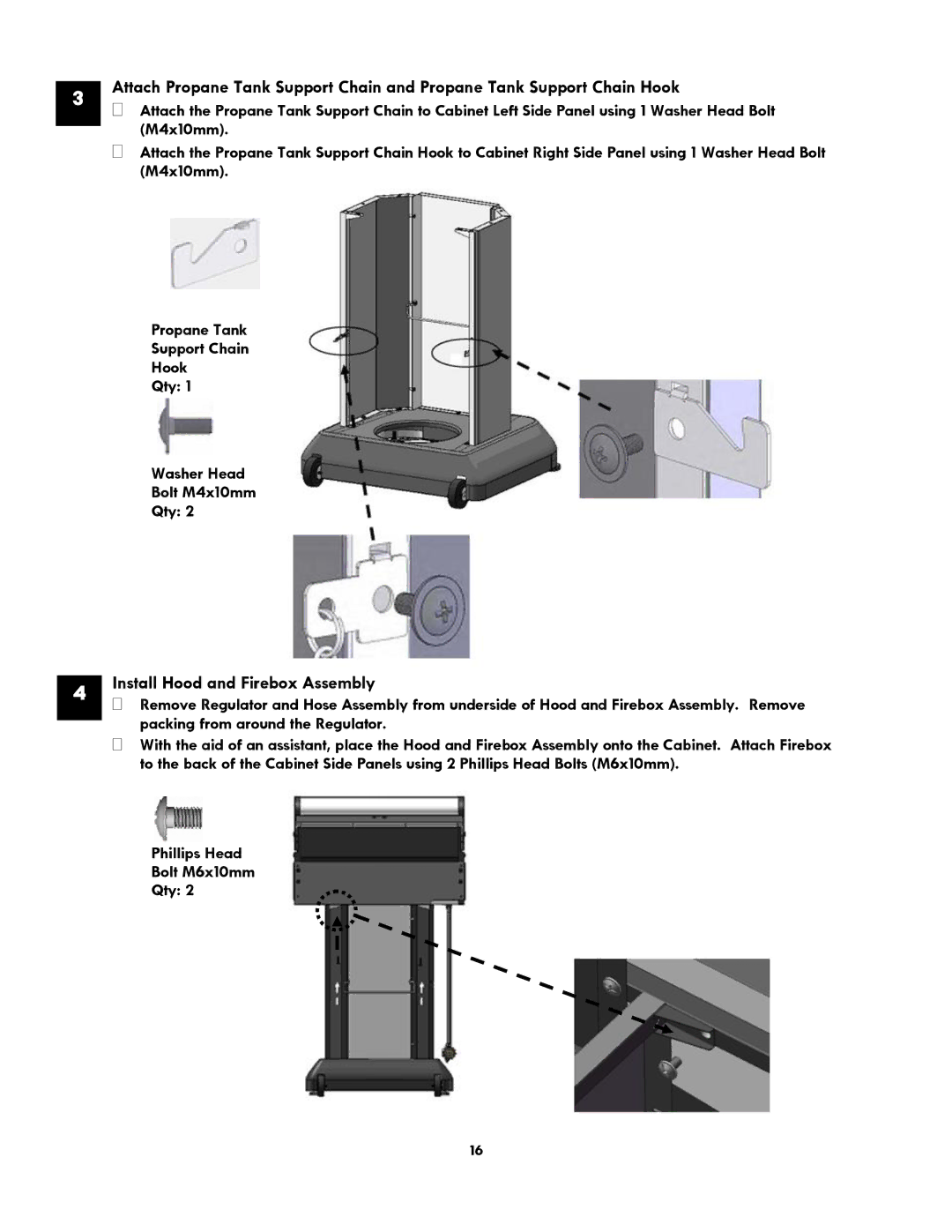 Kenmore 119.1614521 manual Install Hood and Firebox Assembly, Phillips Head Bolt M6x10mm Qty 