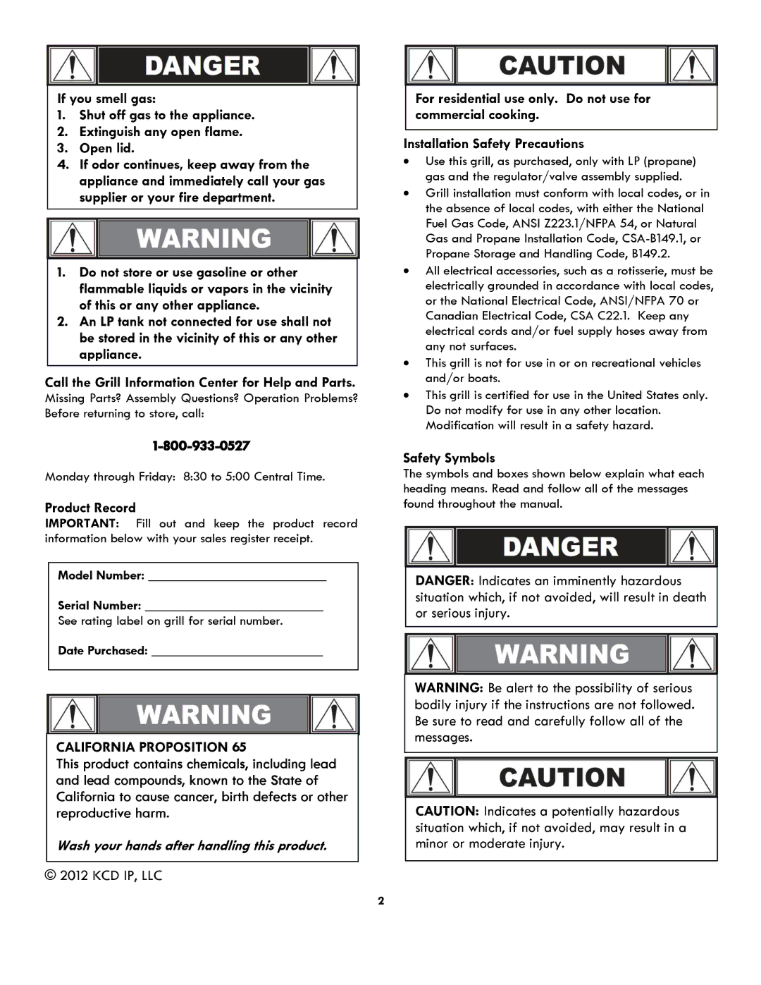 Kenmore 119.1614521 manual Product Record, Safety Symbols, Model Number Serial Number, Date Purchased 