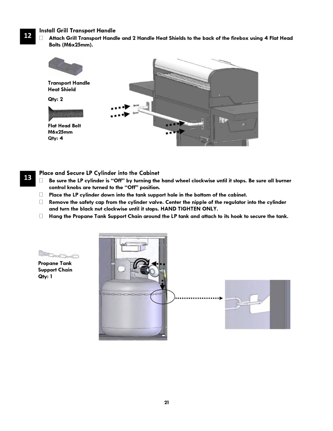 Kenmore 119.1614521 manual Install Grill Transport Handle, Place and Secure LP Cylinder into the Cabinet 