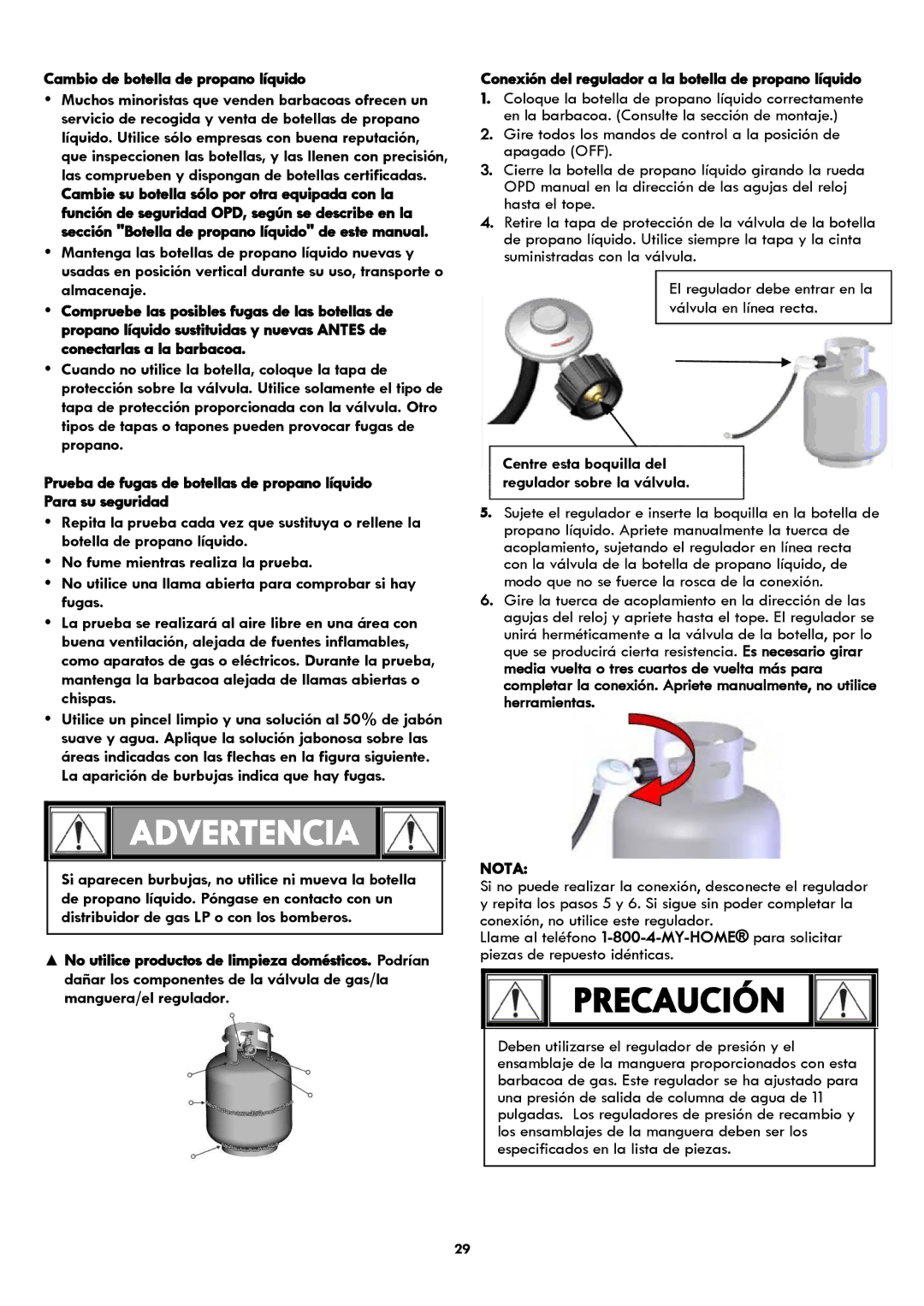 Kenmore 119.1614521 manual Cambio de botella de propano líquido, Conexión del regulador a la botella de propano líquido 