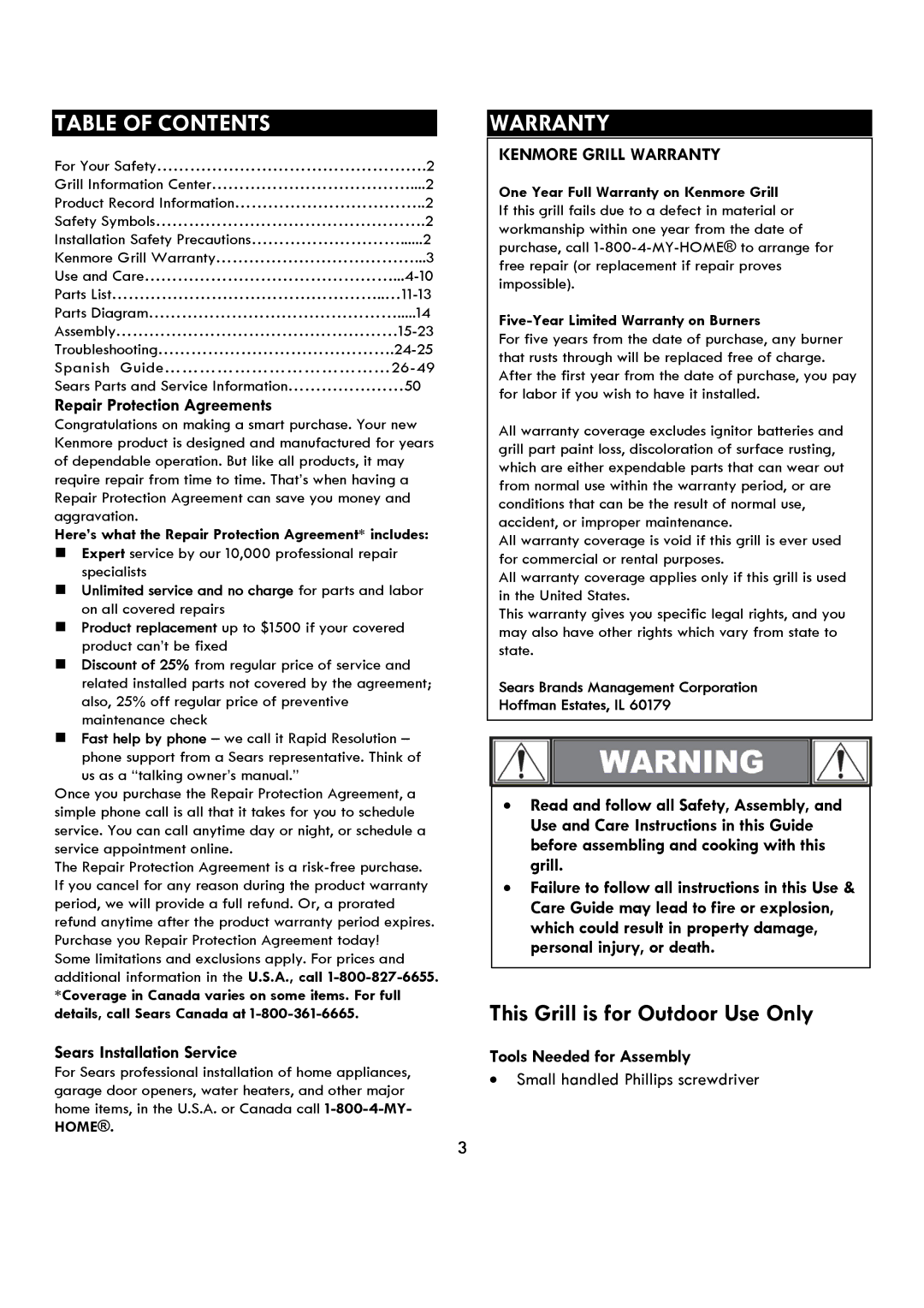 Kenmore 119.1614521 manual Table of Contents 