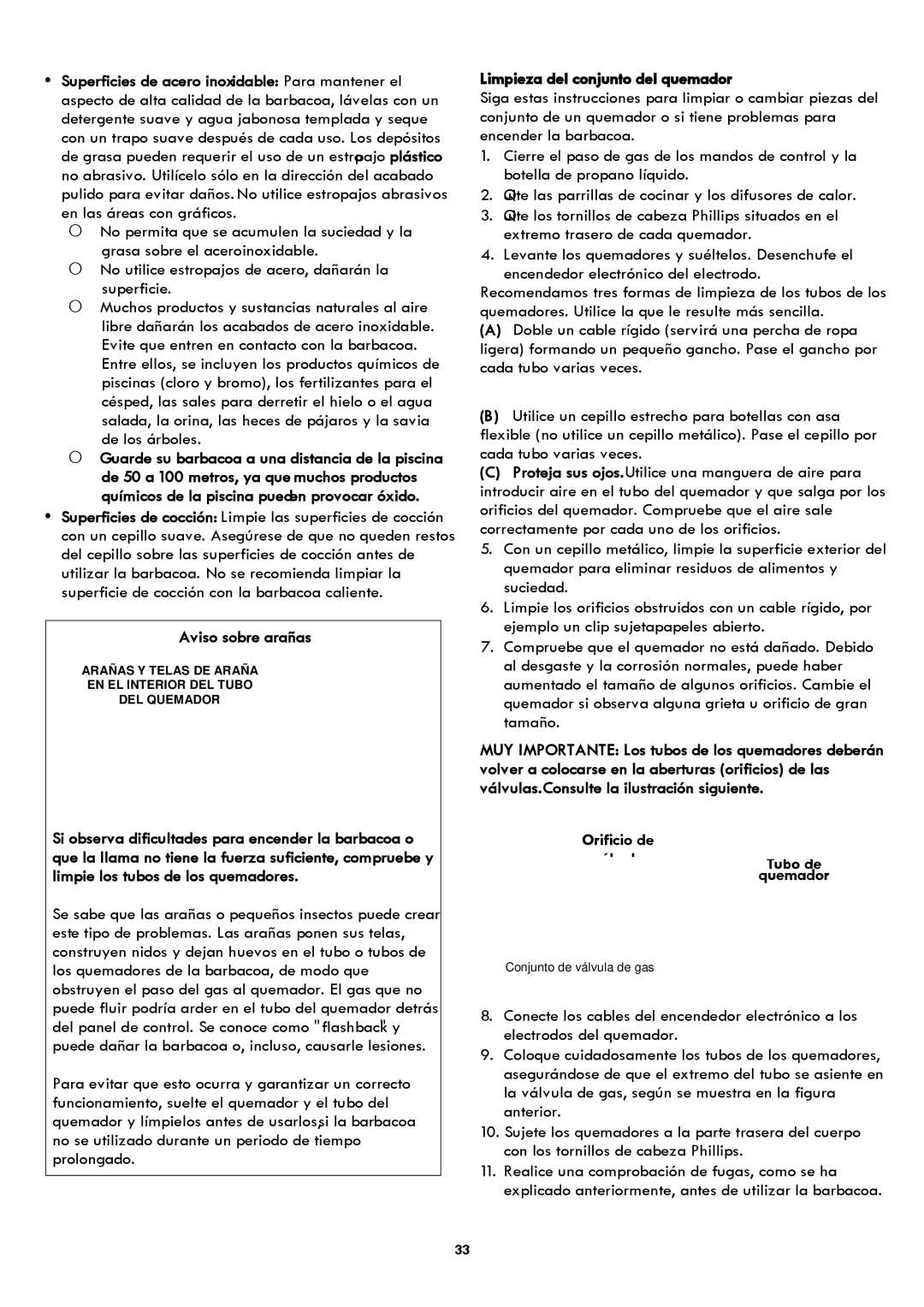 Kenmore 119.1614521 manual Aviso sobre arañas, Limpieza del conjunto del quemador, Orificio de Válvula Tubo de Quemador 