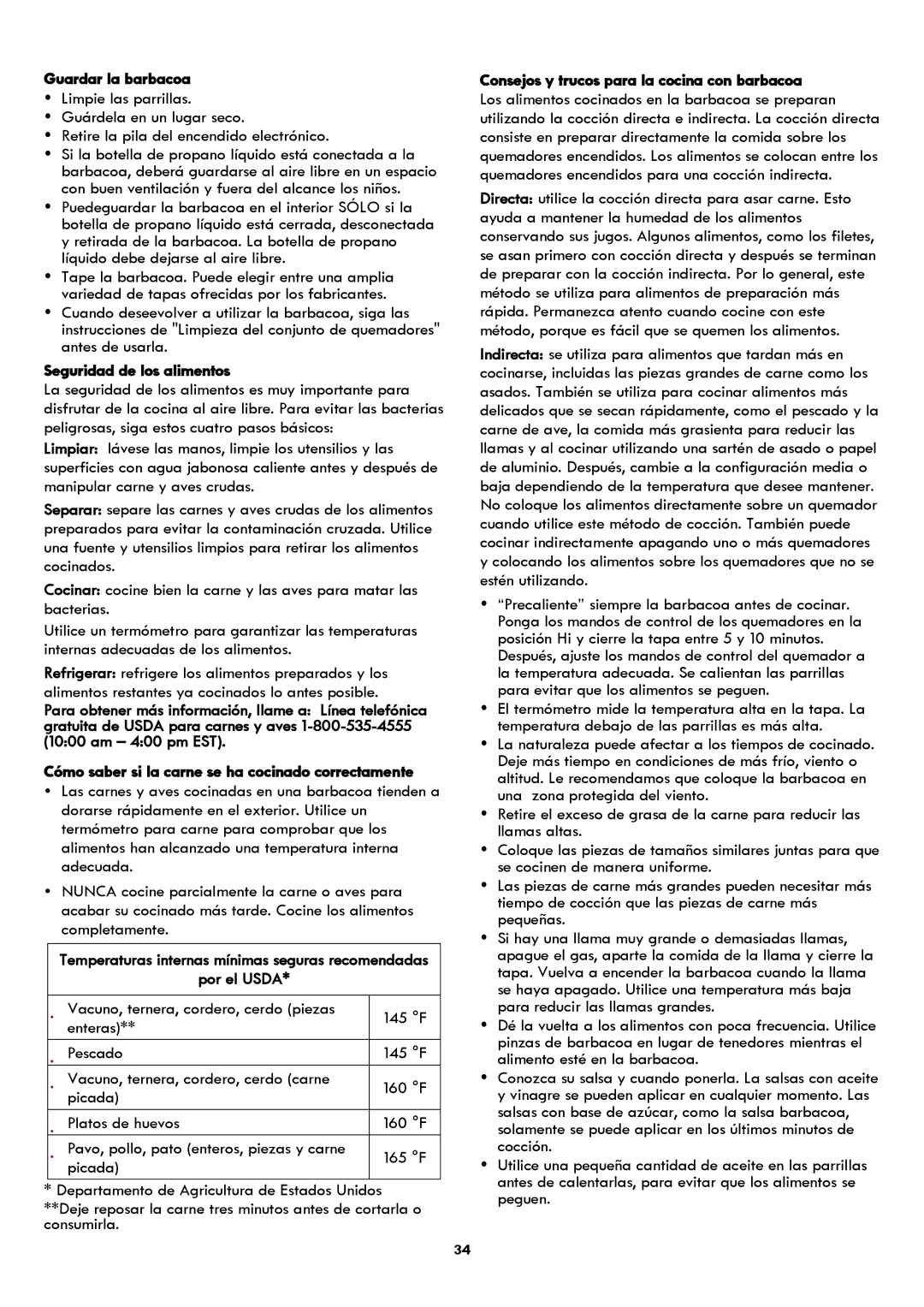 Kenmore 119.1614521 manual Guardar la barbacoa, Seguridad de los alimentos, Por el Usda 