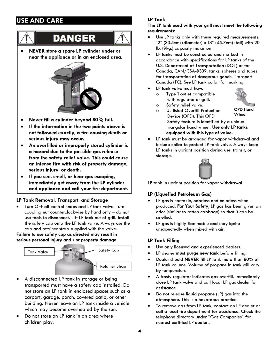 Kenmore 119.1614521 ∙ Never fill a cylinder beyond 80% full, LP Tank Removal, Transport, and Storage, LP Tank Filling 