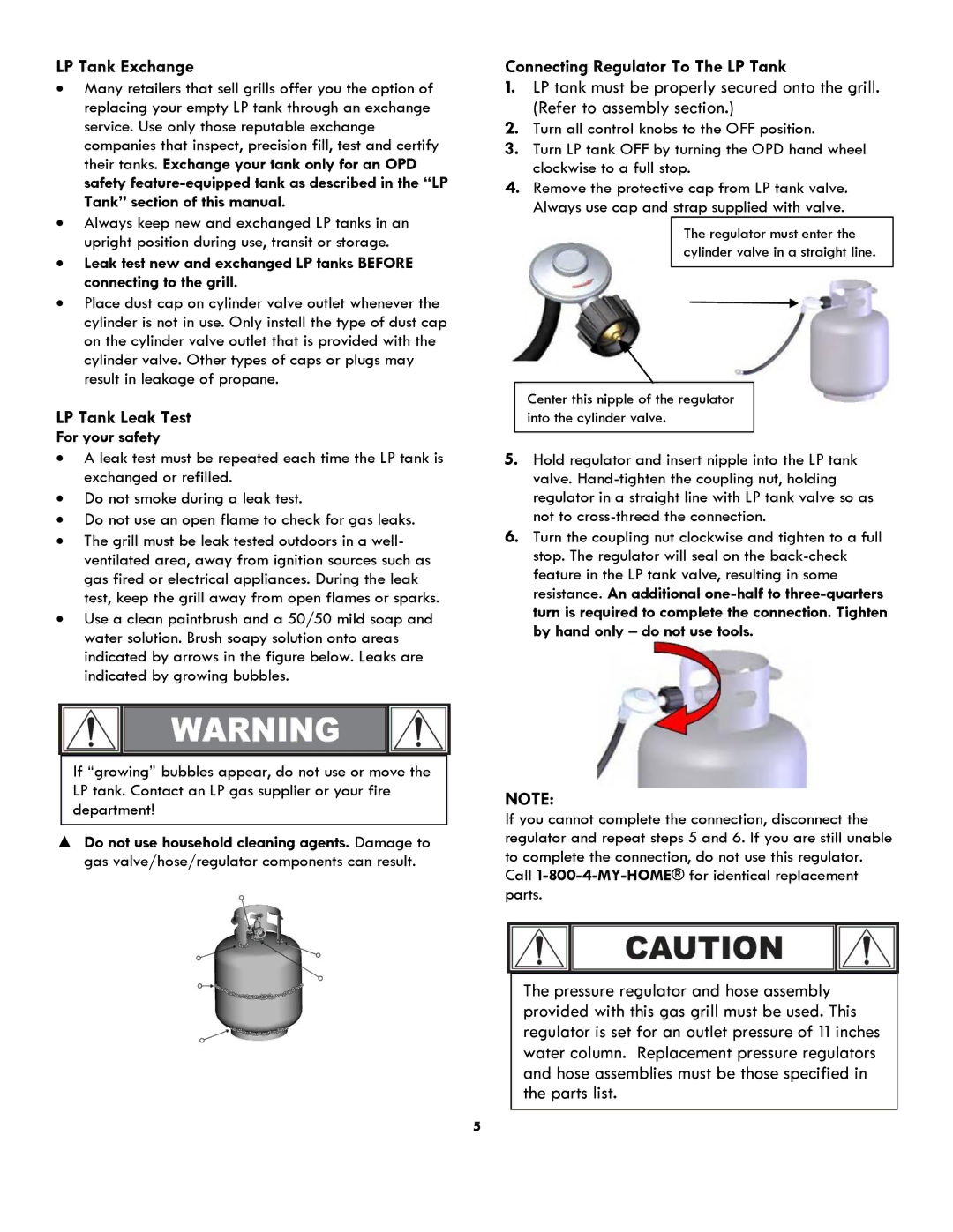 Kenmore 119.1614521 manual LP Tank Exchange, LP Tank Leak Test, Connecting Regulator To The LP Tank, For your safety 