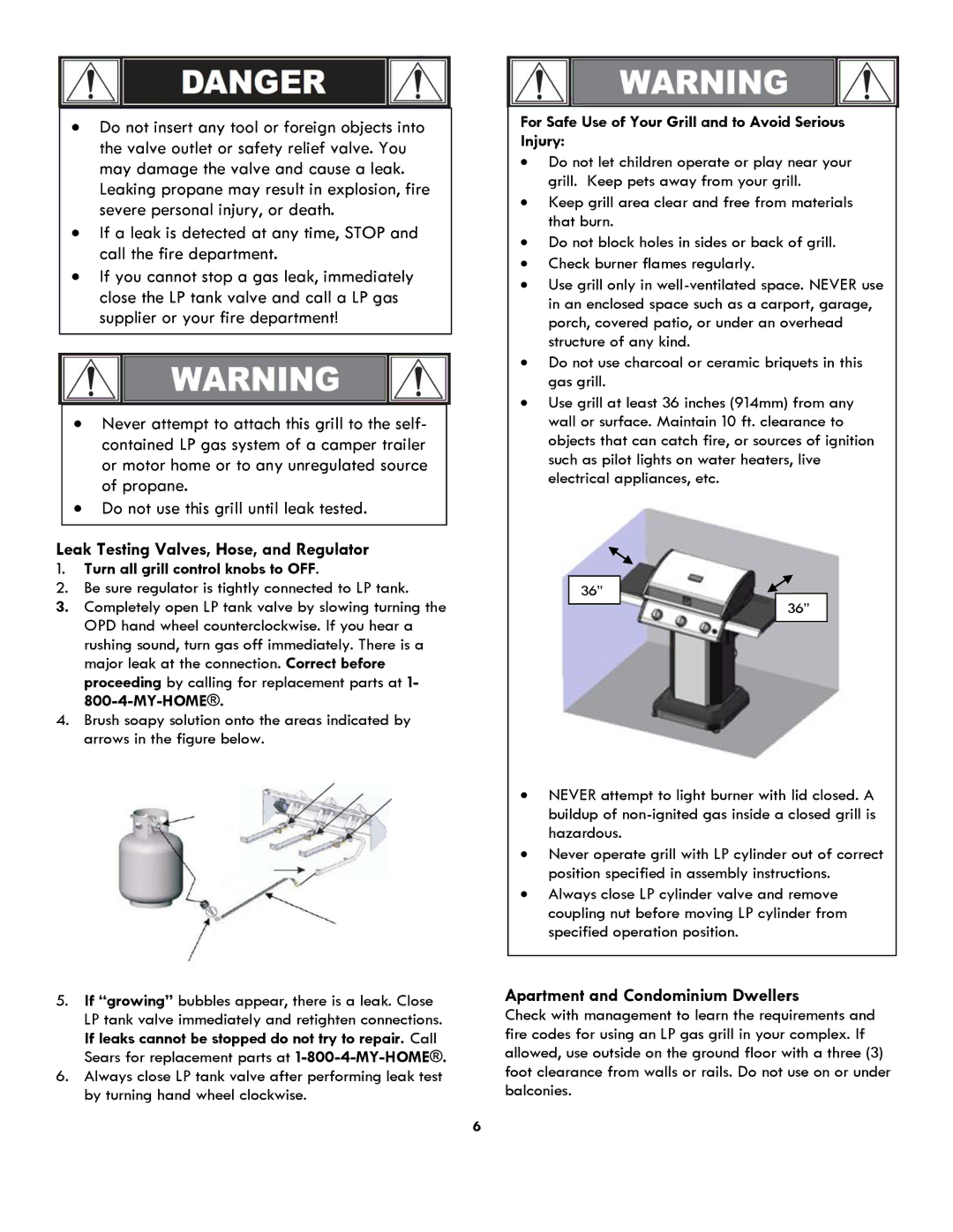 Kenmore 119.1614521 manual Leak Testing Valves, Hose, and Regulator, Apartment and Condominium Dwellers 