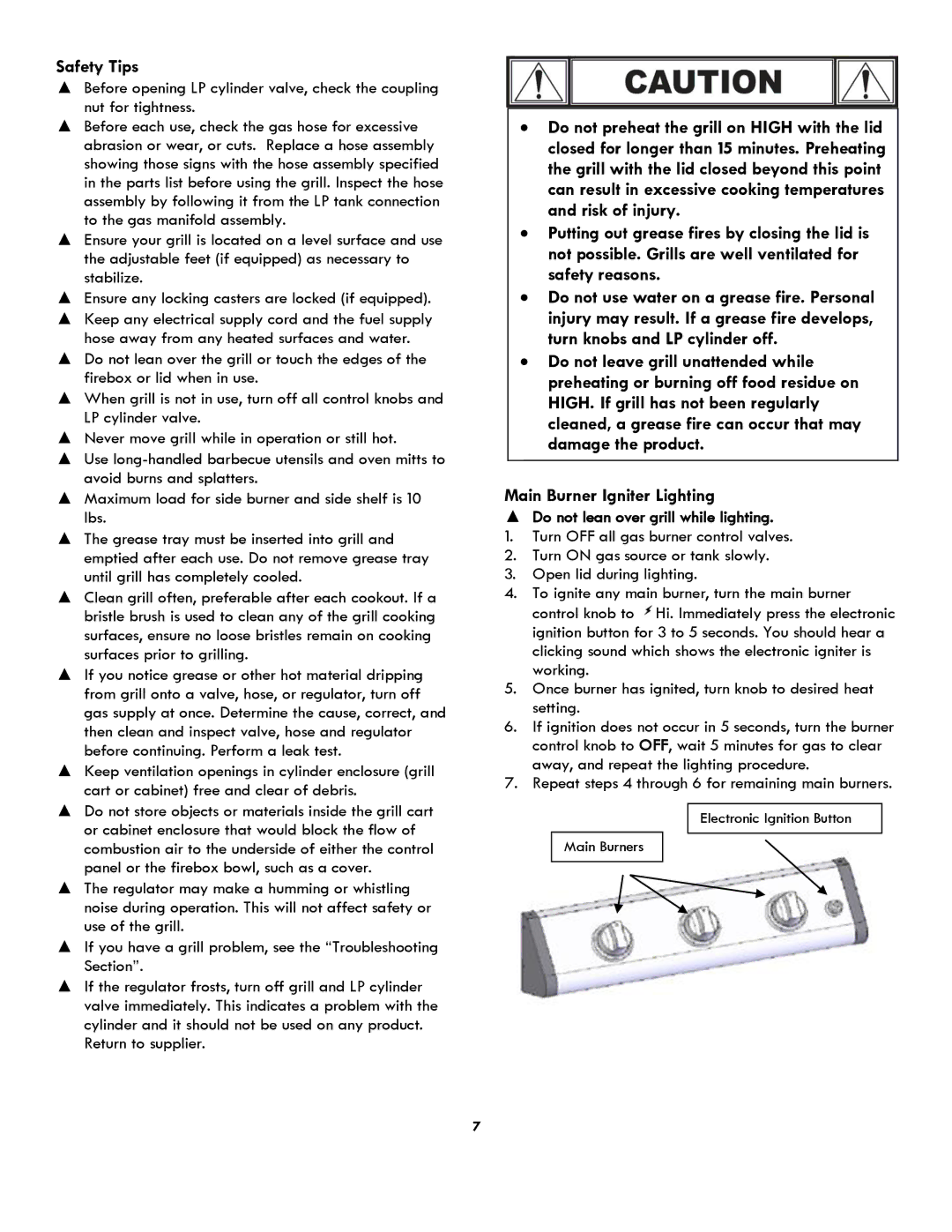 Kenmore 119.1614521 manual Safety Tips, Main Burner Igniter Lighting, Do not lean over grill while lighting 