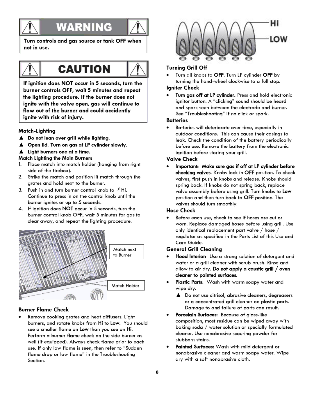 Kenmore 119.1614521 manual Turn controls and gas source or tank OFF when not in use, Match-Lighting, Burner Flame Check 