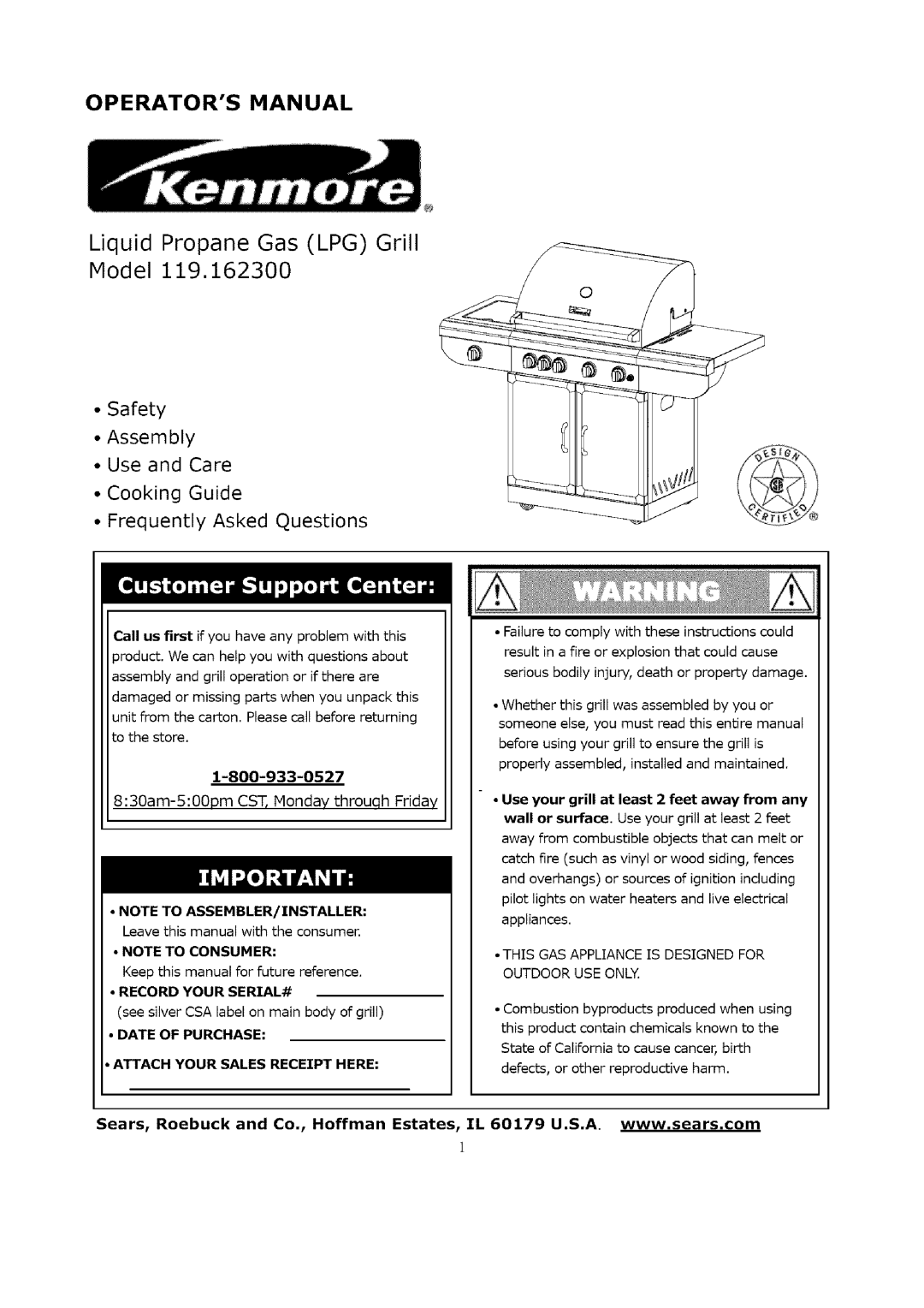 Kenmore 119.1623 manual Record Your SERIAL#, Date of Purchase Attach Your Sales Receipt Here 