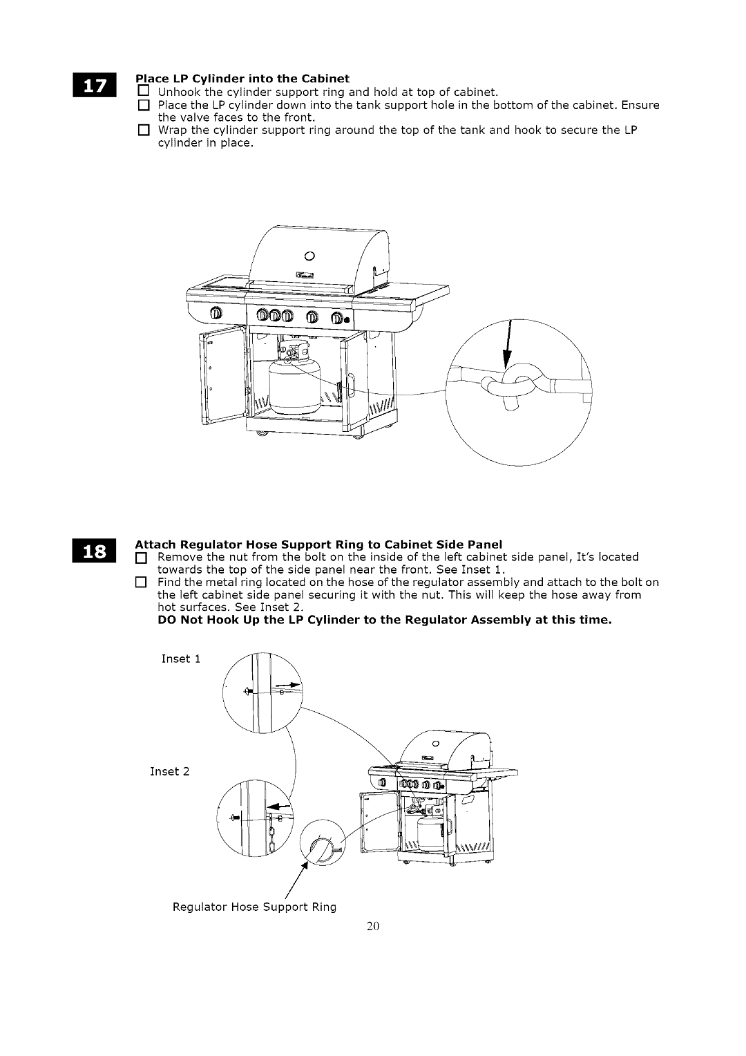 Kenmore 119.1623 manual Place LP Cylinder into the Cabinet, Hose Support Ring to Cabinet Side Panel 