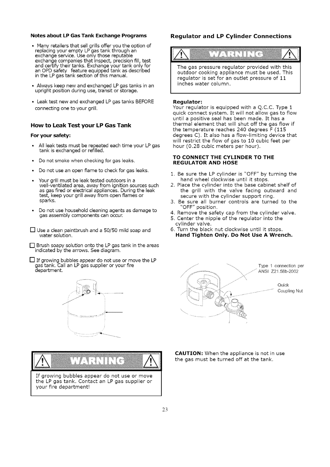 Kenmore 119.1623 How to Leak Test your LP Gas Tank For your safety, Regulator, Hand Tighten Only, Do Not Use a Wrench 