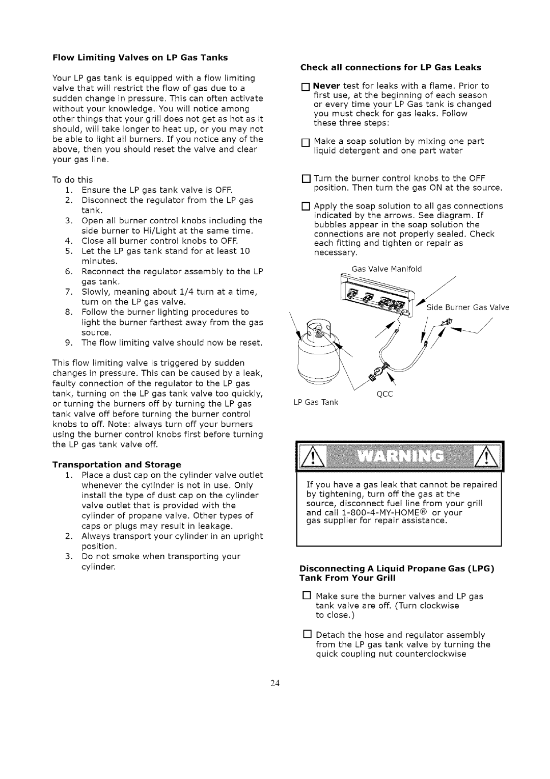 Kenmore 119.1623 Flow Limiting Valves on LP Gas Tanks, Transportation and Storage, Check all connections for LP Gas Leaks 