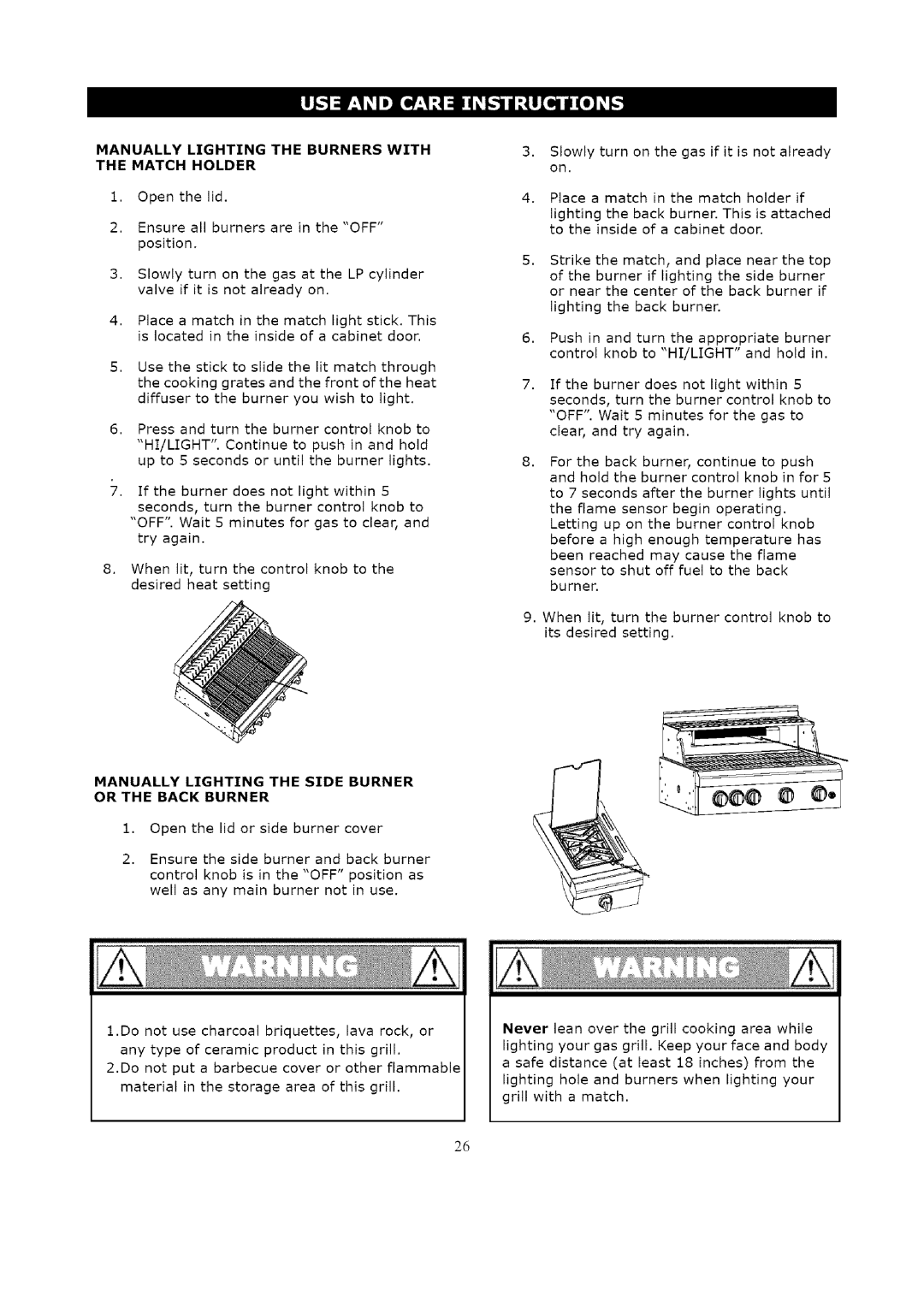 Kenmore 119.1623 Hanuallylighting the Burners with Hatch Holder, Hanually Lighting the Side Burner Or the Back Burner 