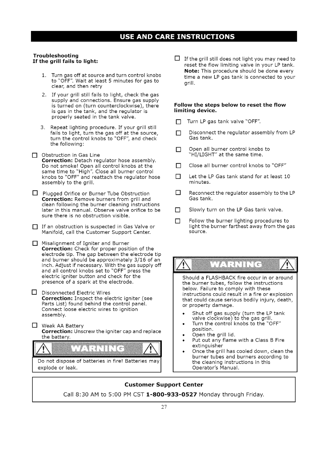 Kenmore 119.1623 Troubleshooting If the grill fails to light, Follow the steps below to reset the flow limiting device 