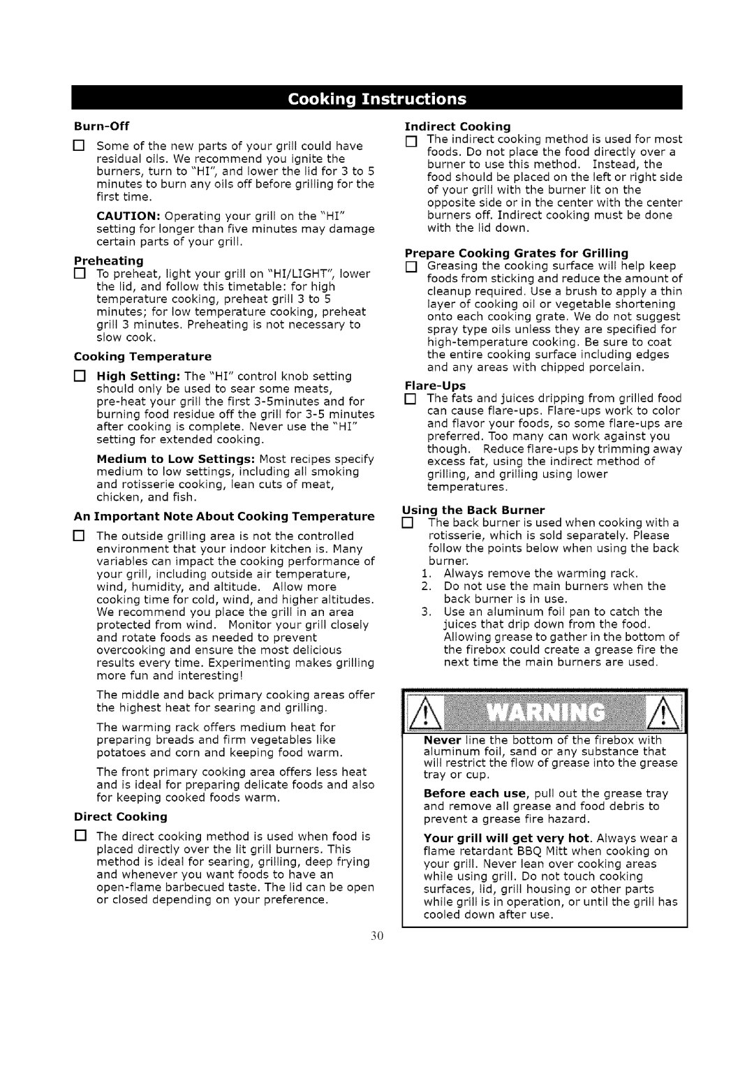 Kenmore 119.1623 Burn-Off, Preheating, An Important Note About Cooking Temperature, Direct Cooking, Indirect Cooking 