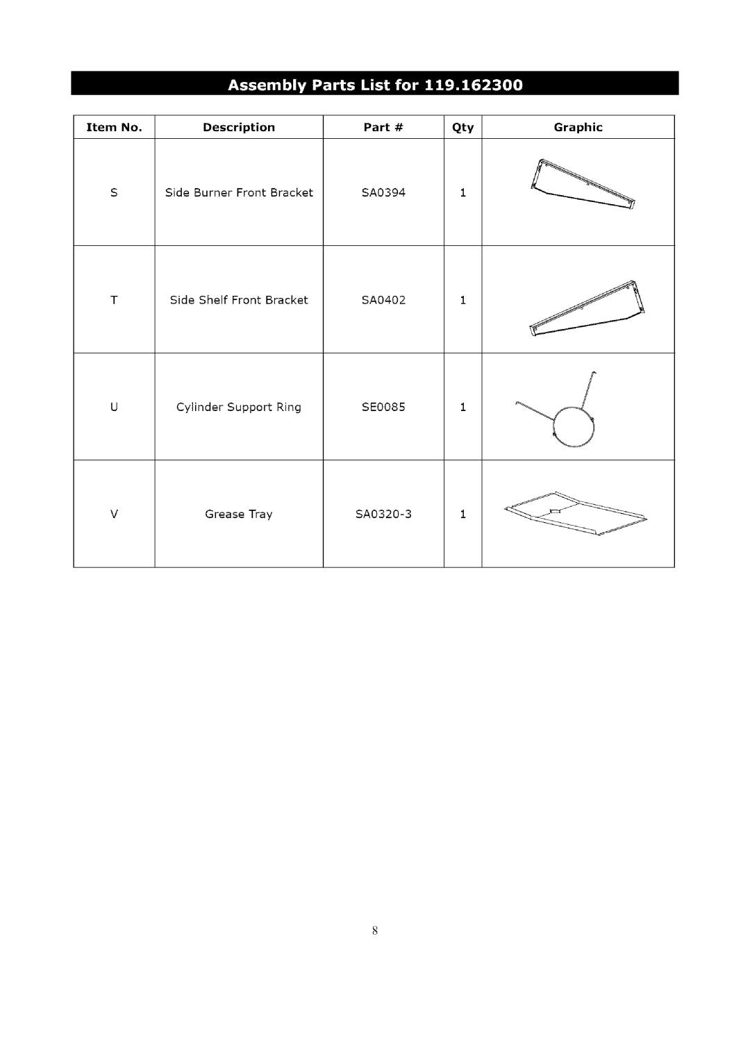 Kenmore 119.1623 manual Item No Description Qty 