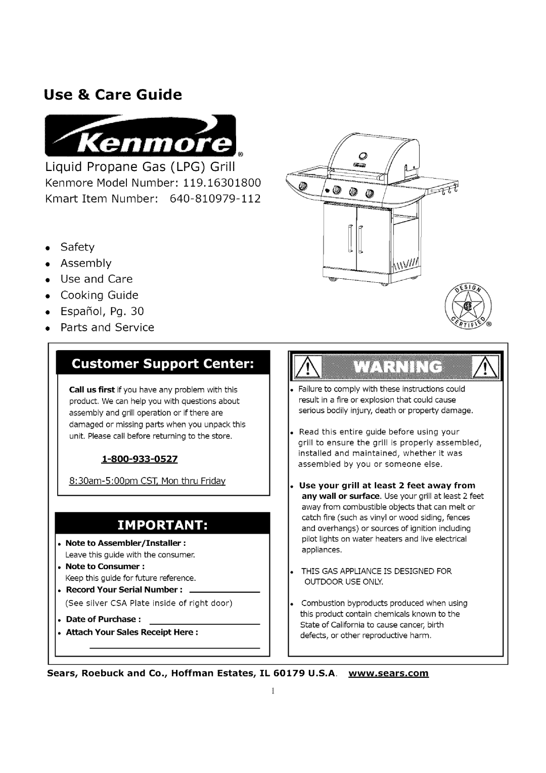 Kenmore 119.163018 manual Record Your Serial Number, Date of Purchase Attach Your Sales Receipt Here 