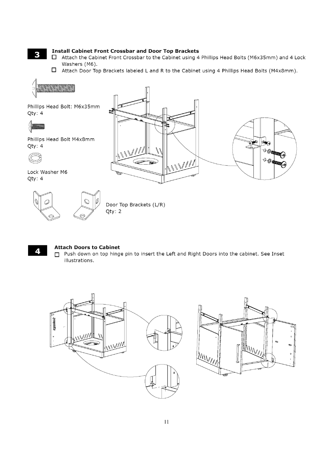 Kenmore 119.163018 manual Nstall Cabinet Front Crossbar and Door Top Brackets, Attach Doors to Cabinet 