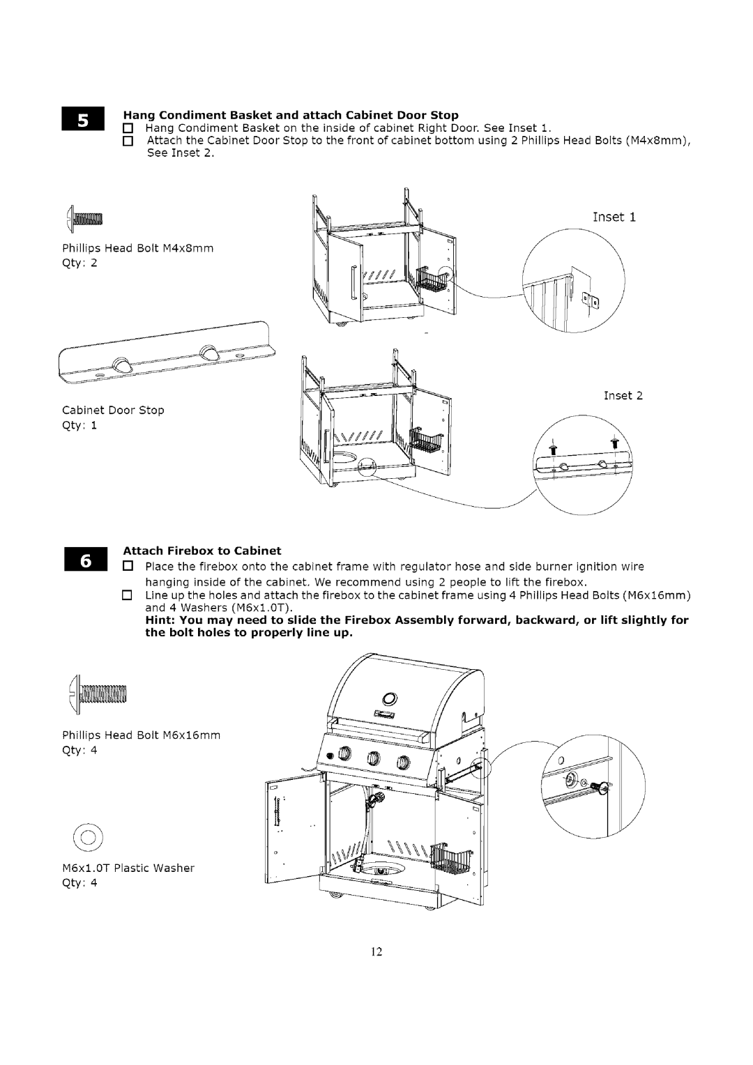 Kenmore 119.163018 manual Hang Condiment Basket and attach Cabinet Door Stop, Attach Firebox to Cabinet 