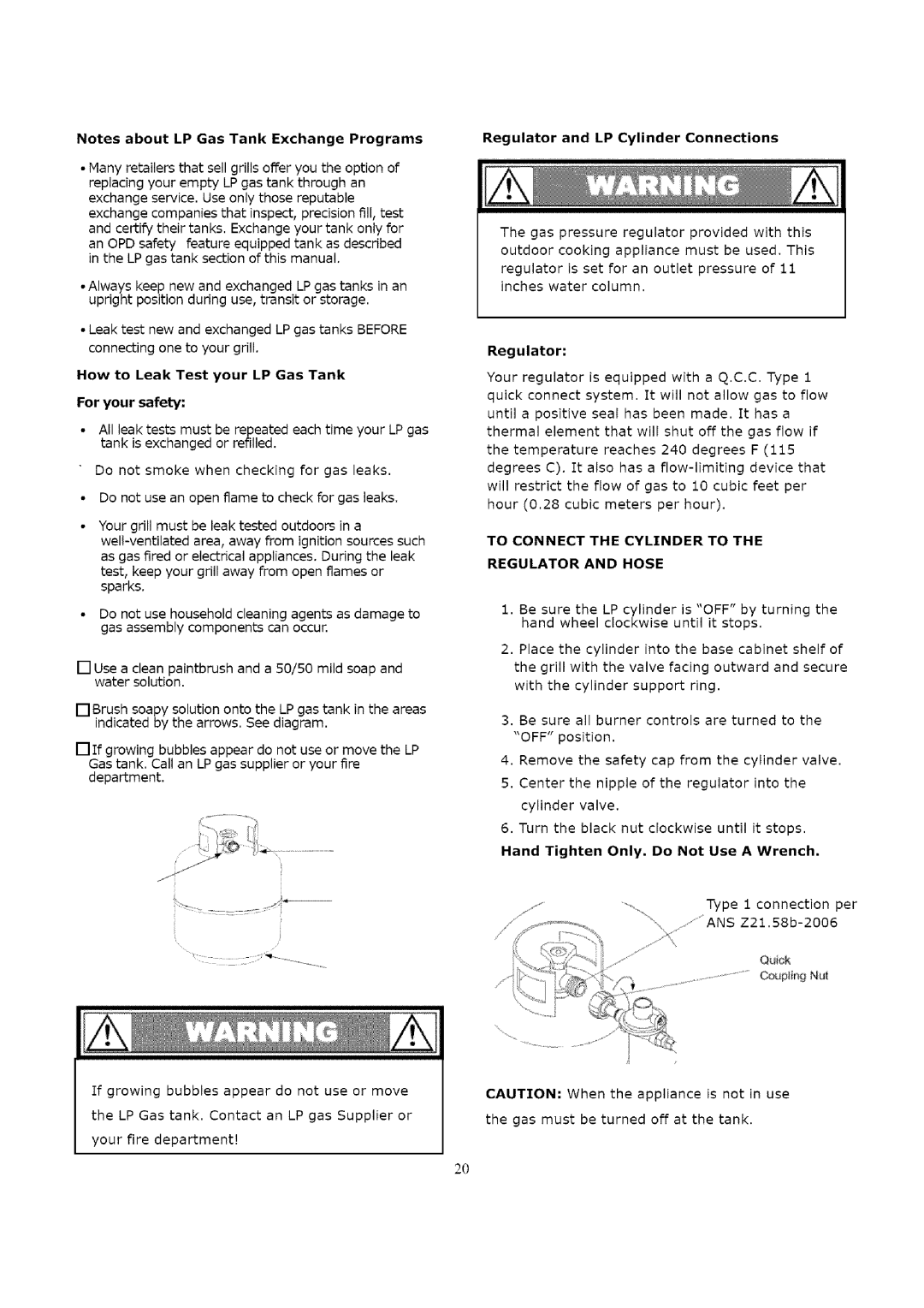 Kenmore 119.163018 manual How to Leak Test your LP Gas Tank For your safety, Regulator and LP Cylinder Connections 