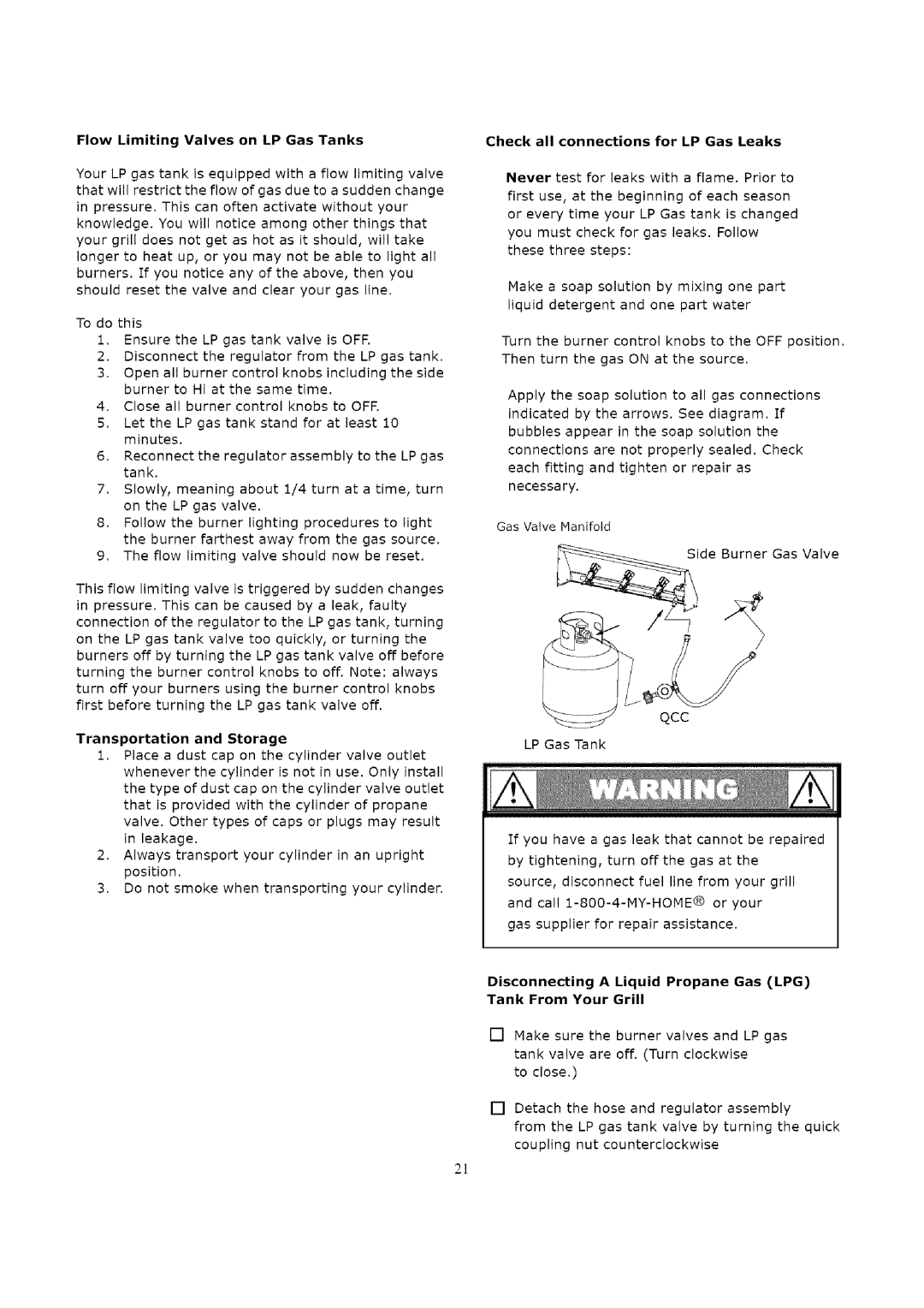 Kenmore 119.163018 manual Flow Limiting Valves on LP Gas Tanks, Transportation and Storage 