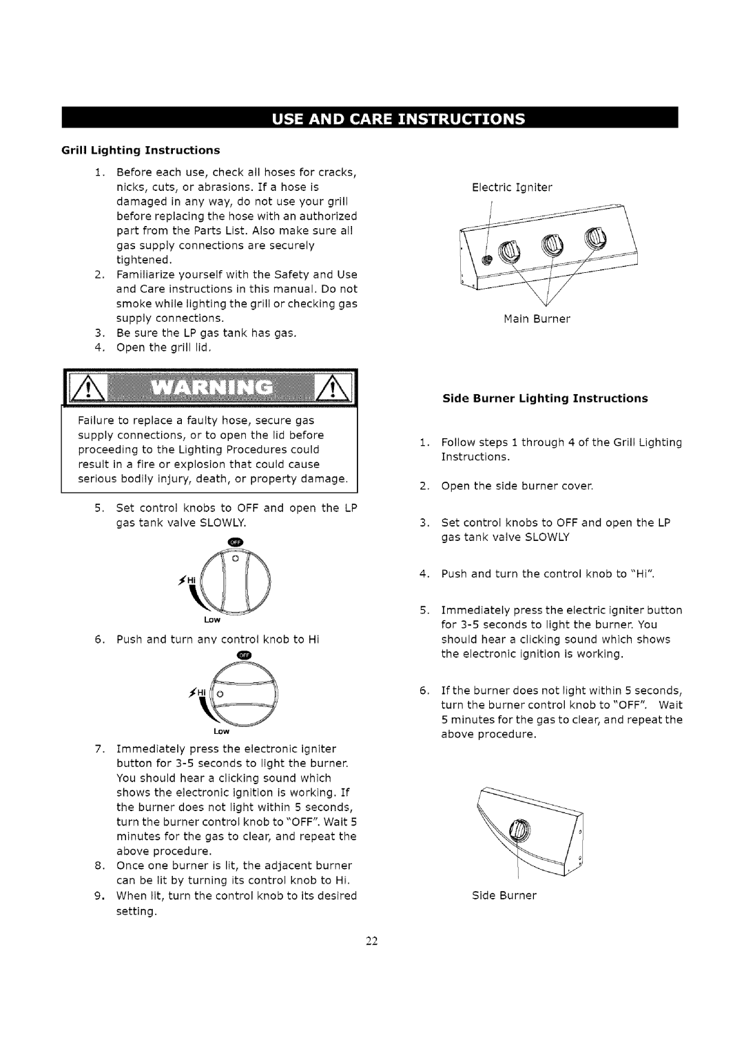 Kenmore 119.163018 manual Grill Lighting Instructions, Side Burner Lighting Instructions 