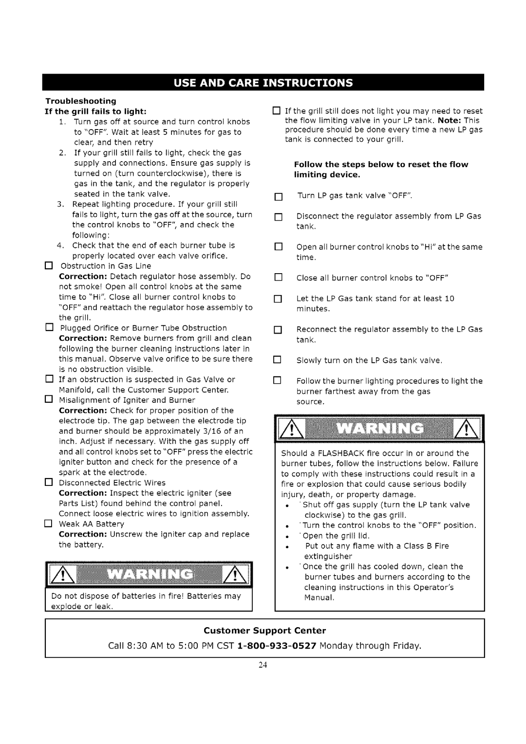 Kenmore 119.163018 manual Troubleshooting If the grill fails to light, Follow the steps below to reset the flow 