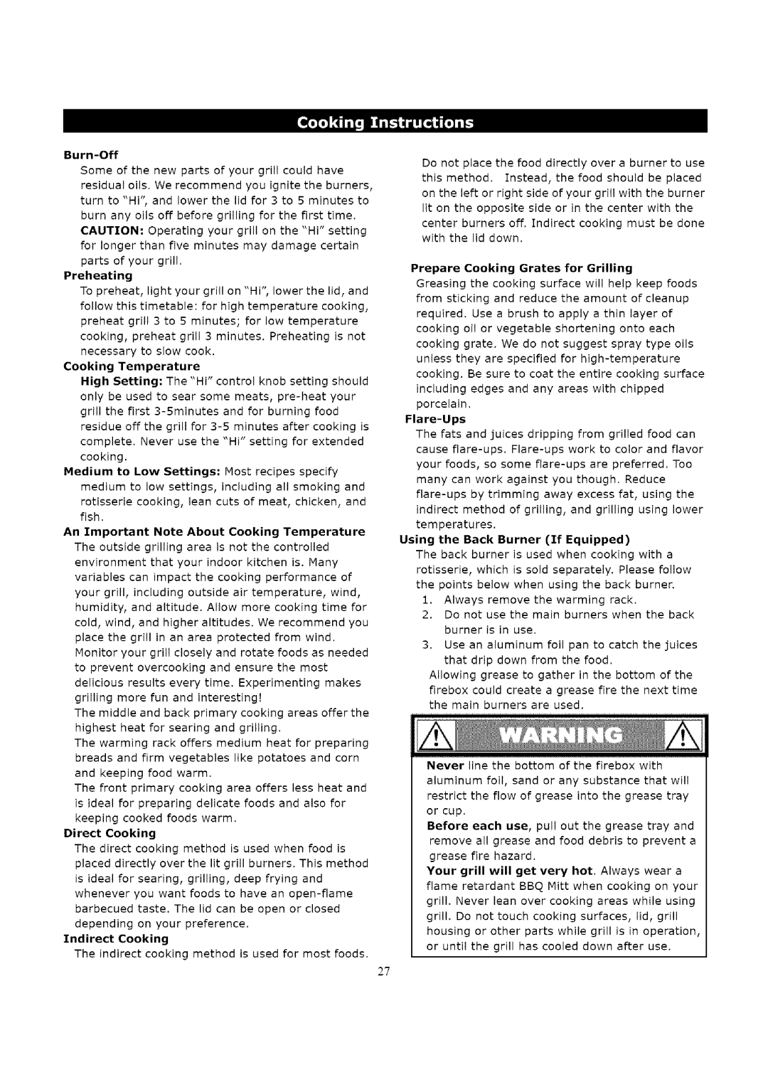 Kenmore 119.163018 Burn-Off, Preheating, An Important Note About Cooking Temperature, Direct Cooking, Indirect Cooking 