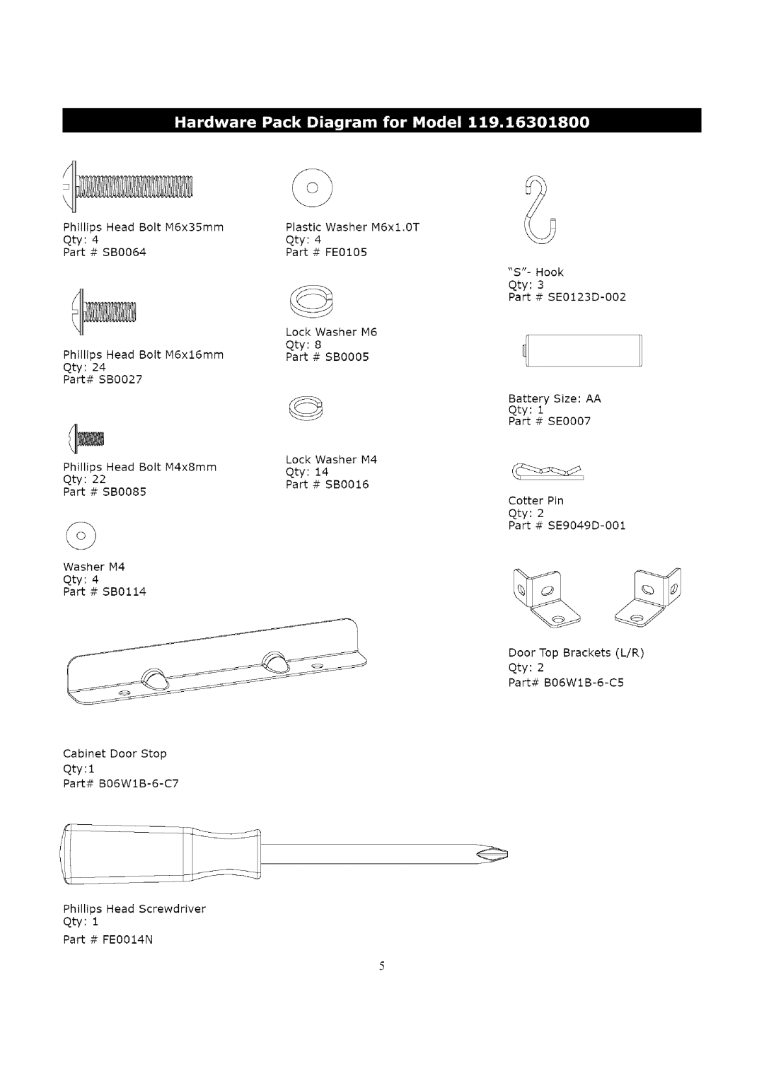 Kenmore 119.163018 manual Qty 